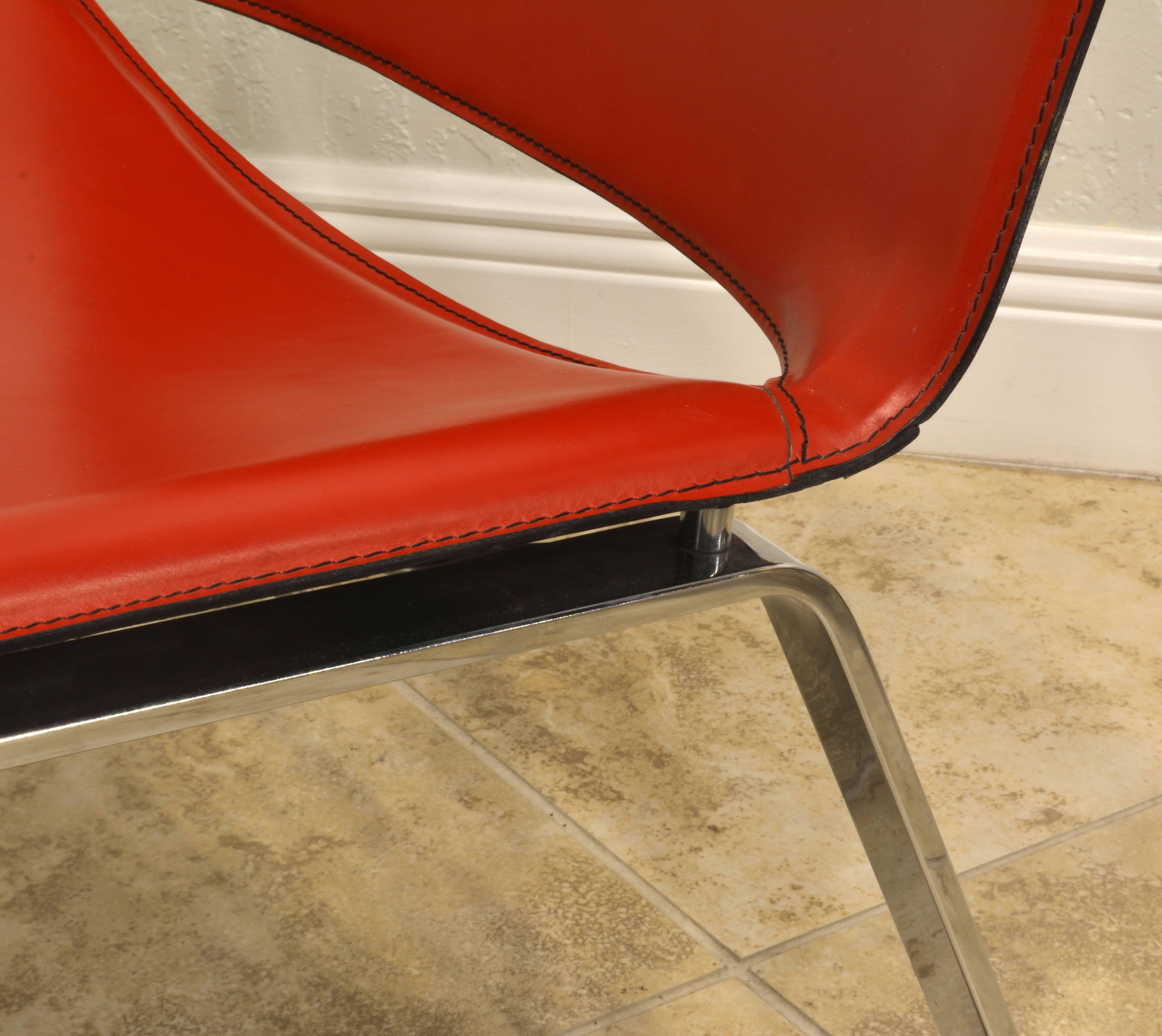 20th Century Pair of Vintage Italian Red Leather and Steel Lounge Chairs by Cattelan Italia