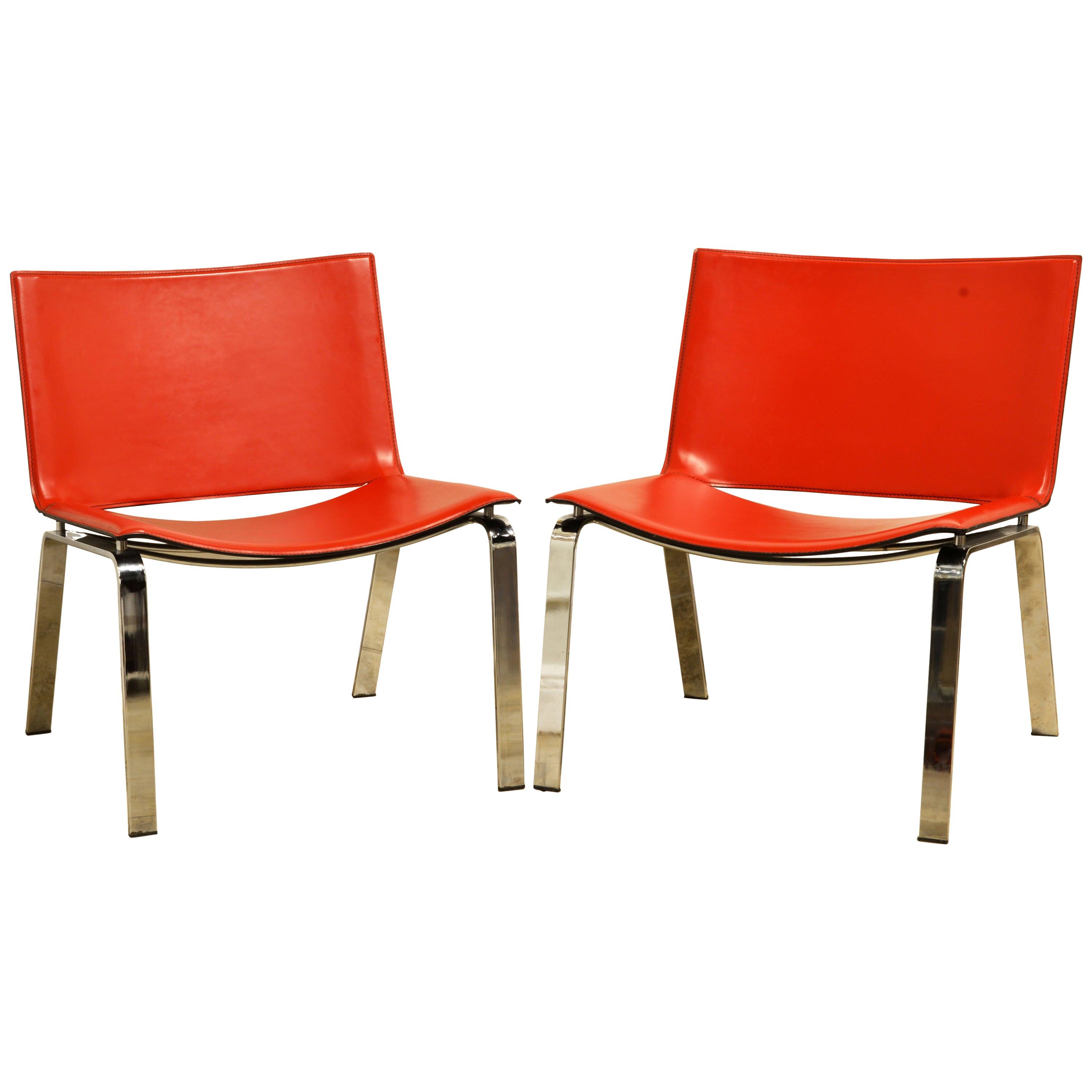 Pair of Vintage Italian Red Leather and Steel Lounge Chairs by Cattelan Italia