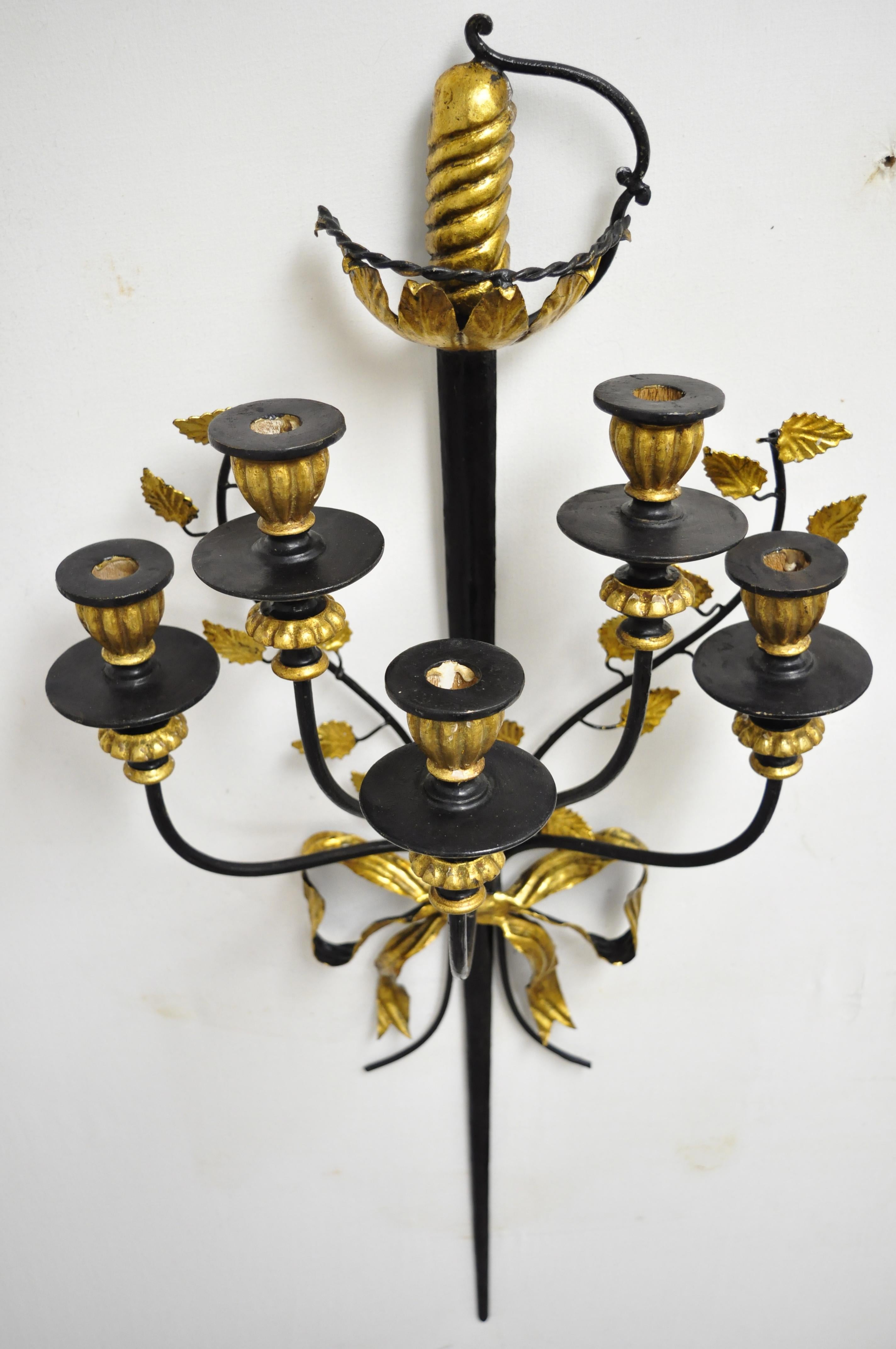 Pair of Vintage Italian Regency Black & Gold Iron Tole Sword Candle Wall Sconces 3
