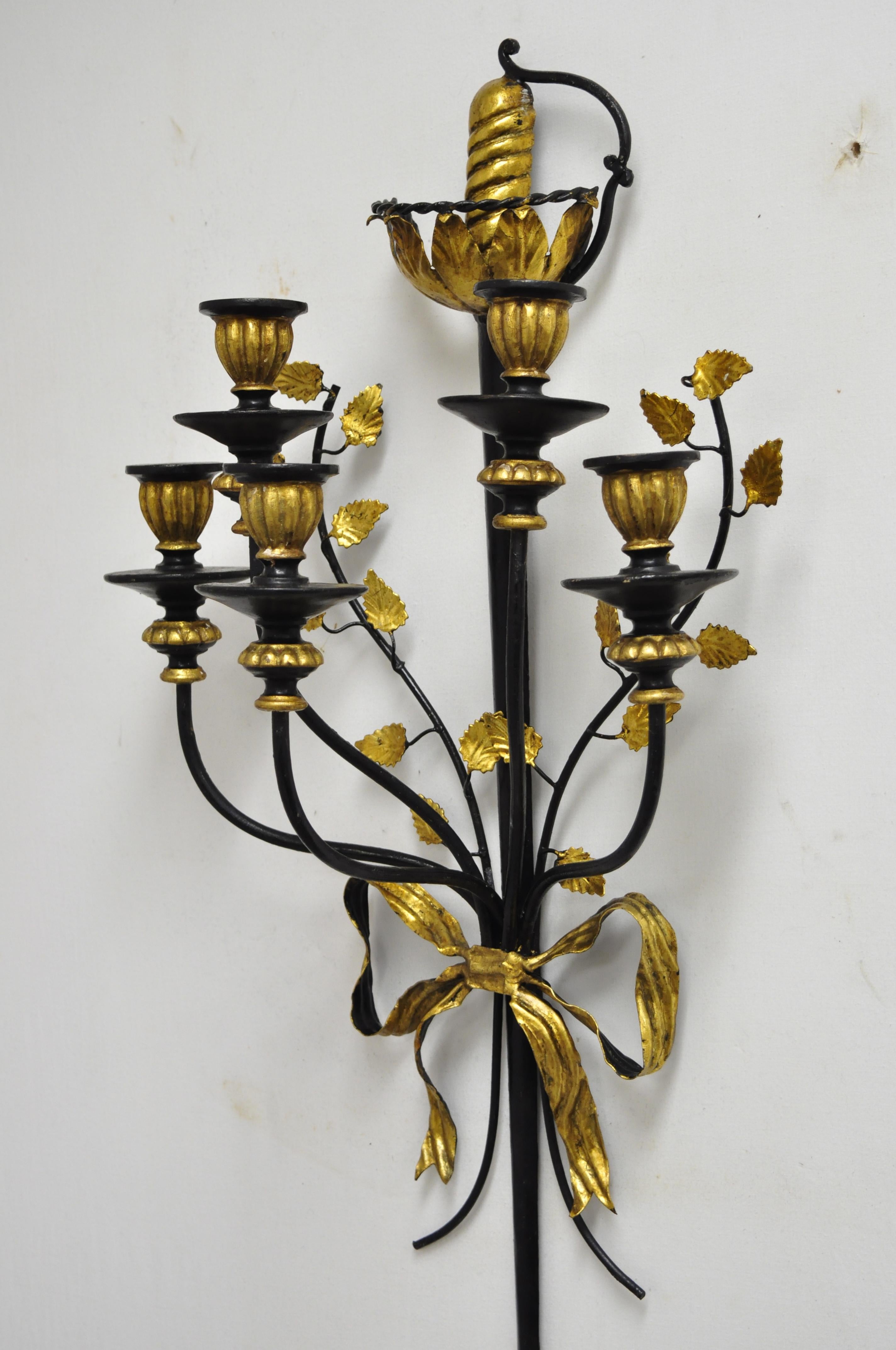 Pair of Vintage Italian Regency Black & Gold Iron Tole Sword Candle Wall Sconces 4