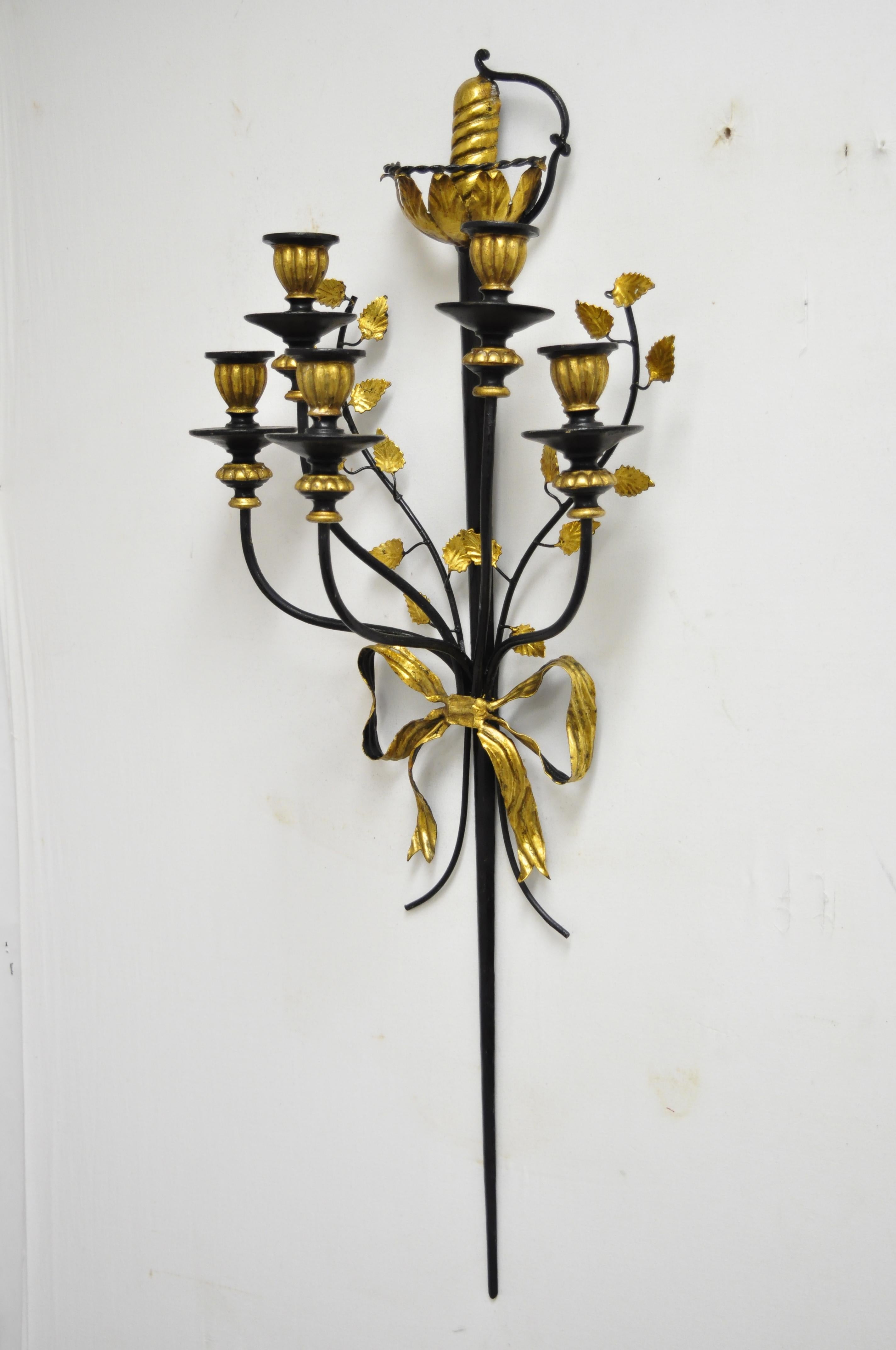 Pair of Vintage Italian Regency Black & Gold Iron Tole Sword Candle Wall Sconces 5