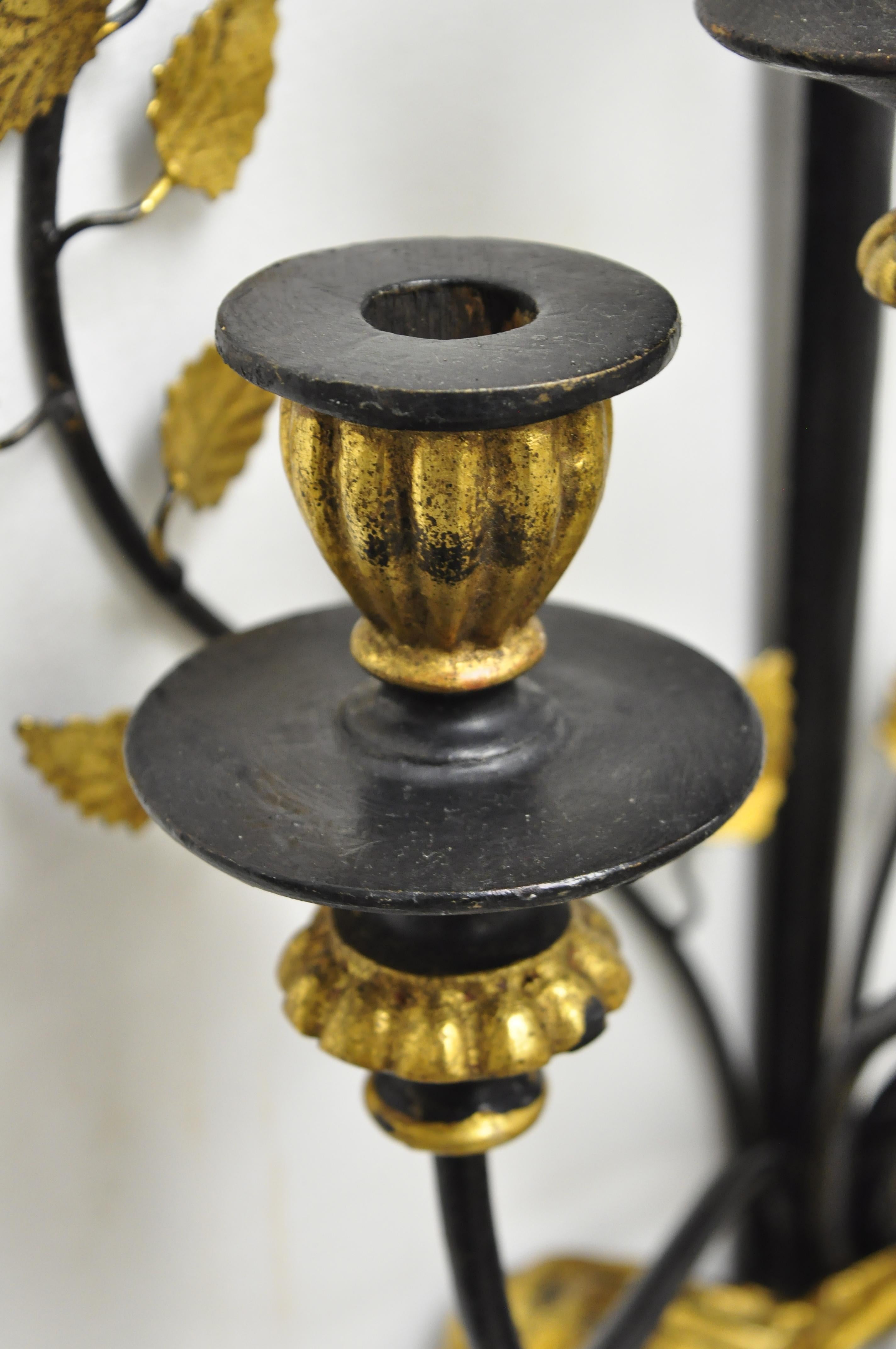 Pair of Vintage Italian Regency Black & Gold Iron Tole Sword Candle Wall Sconces In Good Condition In Philadelphia, PA