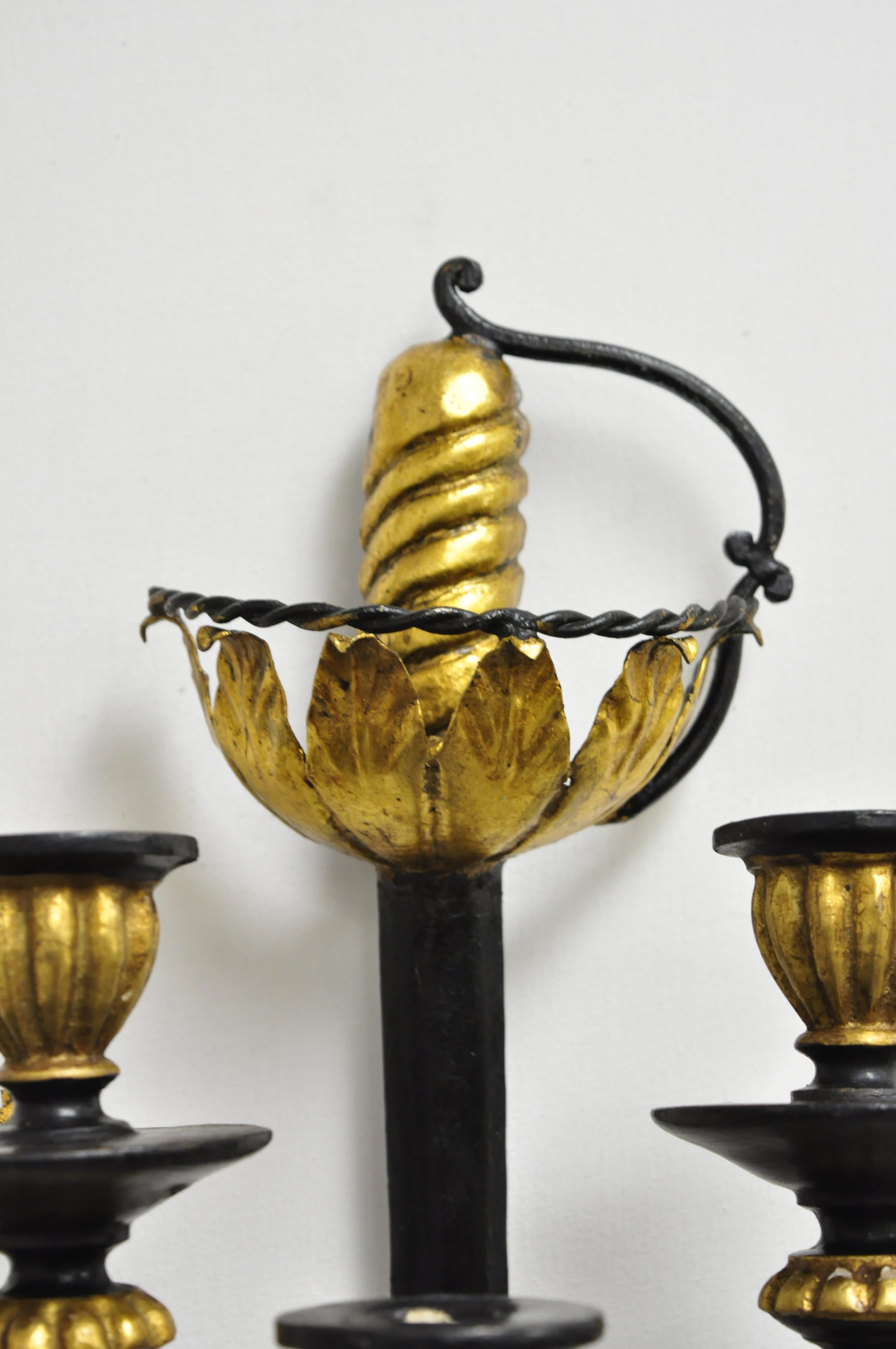 Pair of Vintage Italian Regency Black & Gold Iron Tole Sword Candle Wall Sconces 1