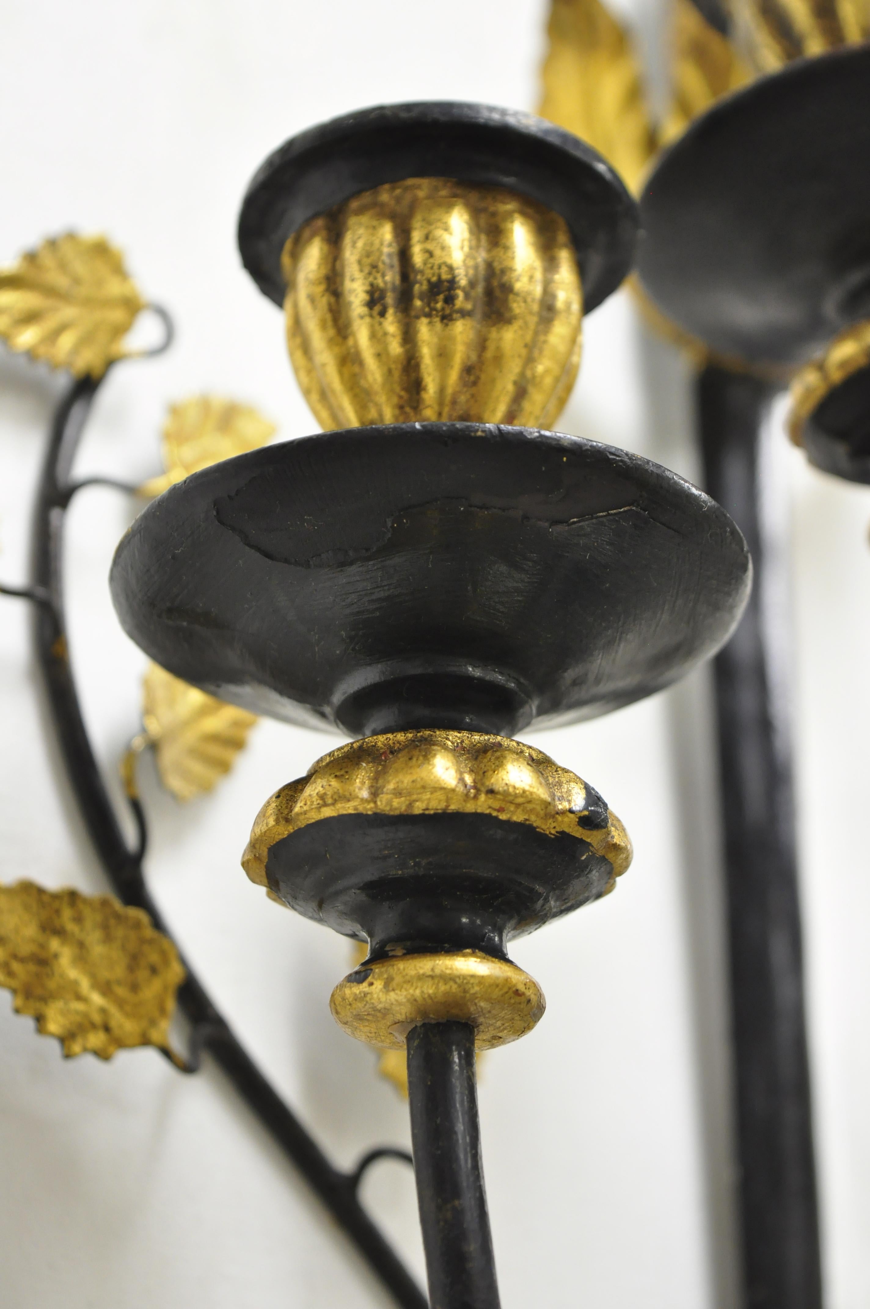 Pair of Vintage Italian Regency Black & Gold Iron Tole Sword Candle Wall Sconces 2