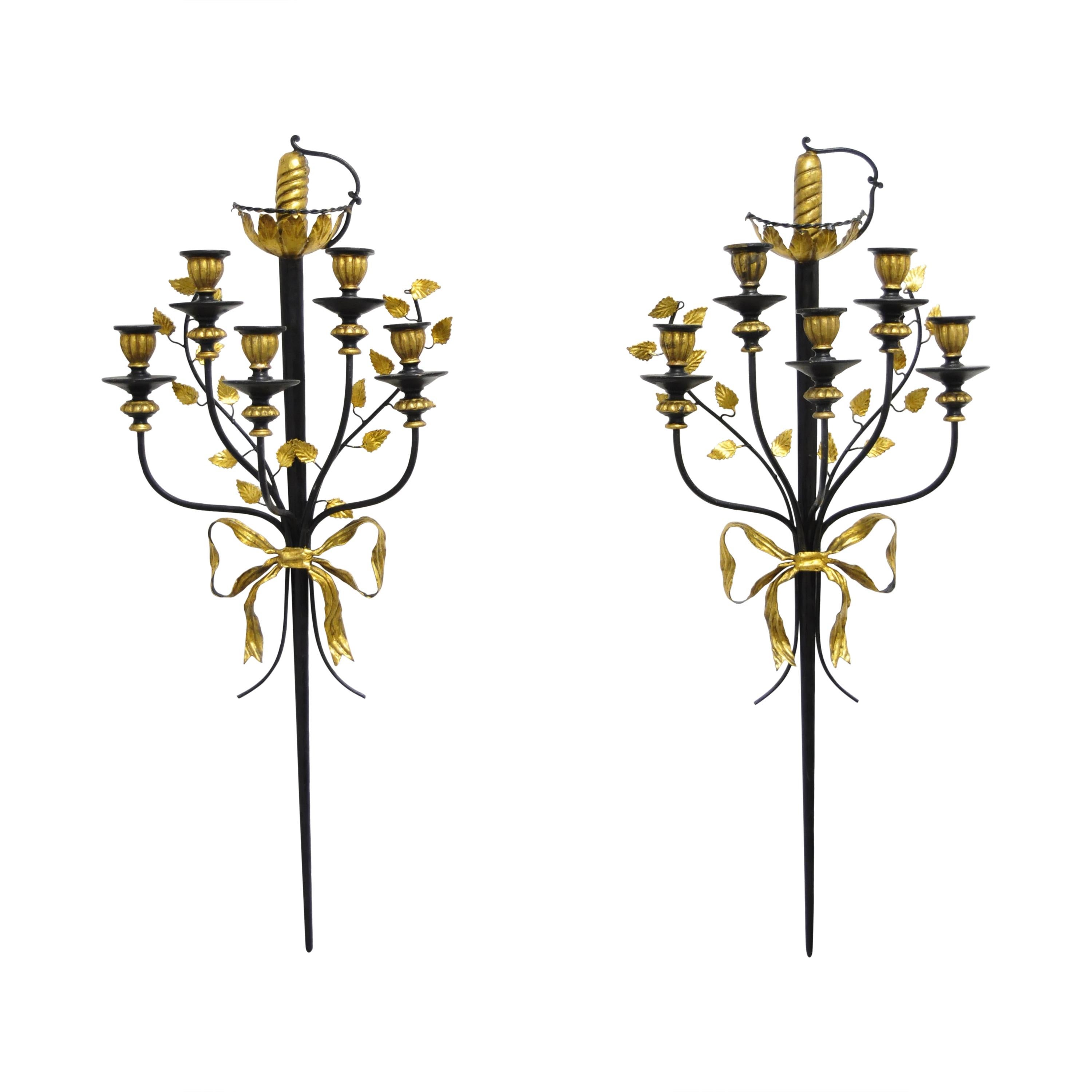 Pair of Vintage Italian Regency Black & Gold Iron Tole Sword Candle Wall Sconces