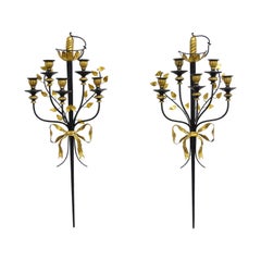 Pair of Vintage Italian Regency Black & Gold Iron Tole Sword Candle Wall Sconces