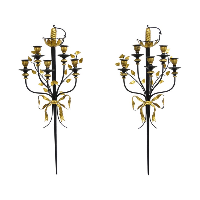 Pair Of Vintage Italian Regency Black And Gold Iron Tole Sword Candle Wall Sconces For Sale At 1stdibs
