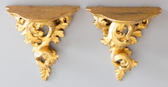 Pair of Vintage Italian Rococo Carved Giltwood Wall Brackets Shelves, circa 1950