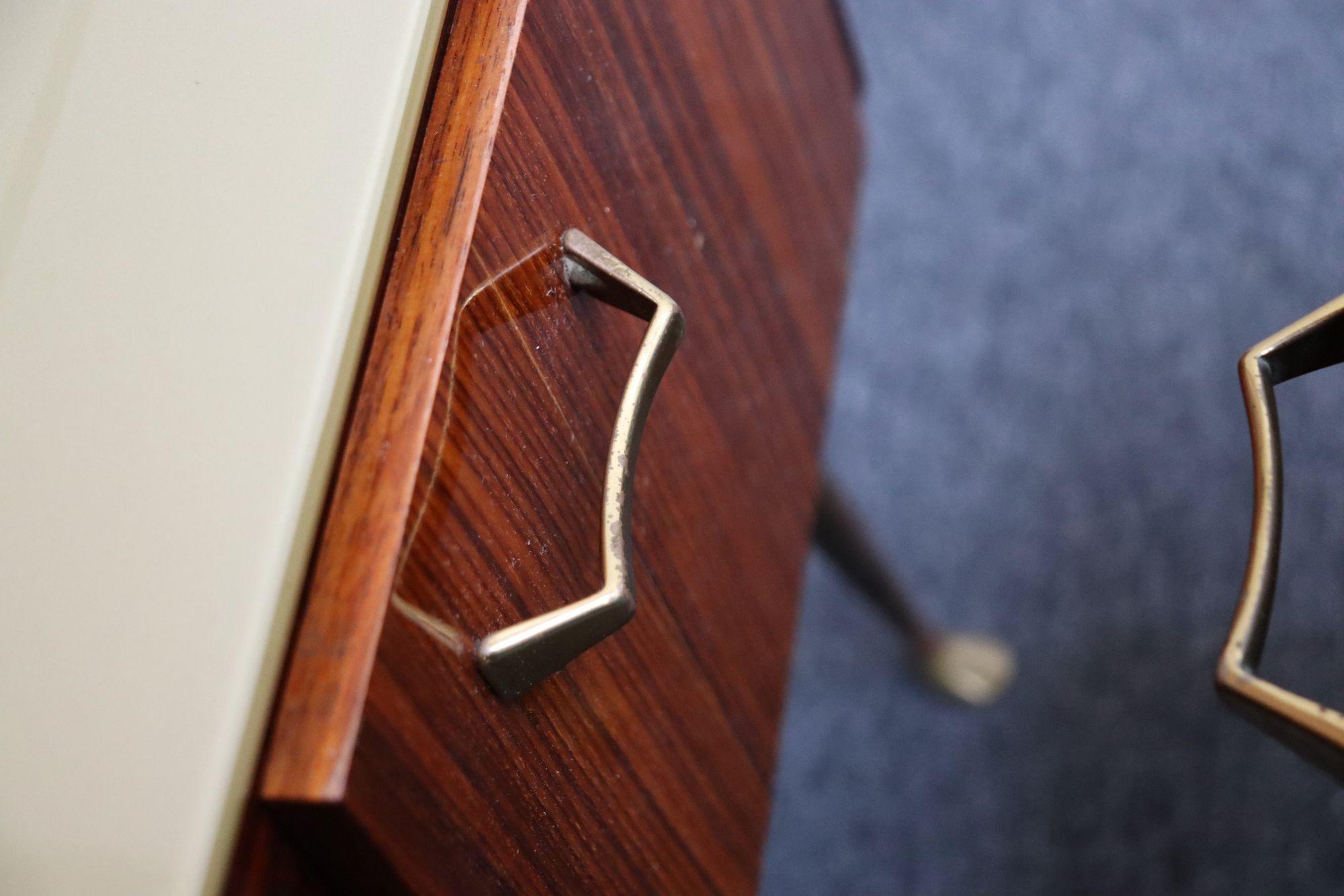Pair of Vintage Italian Rosewood and Brass Two-Tier Nightstands / Bedside Tables For Sale 4