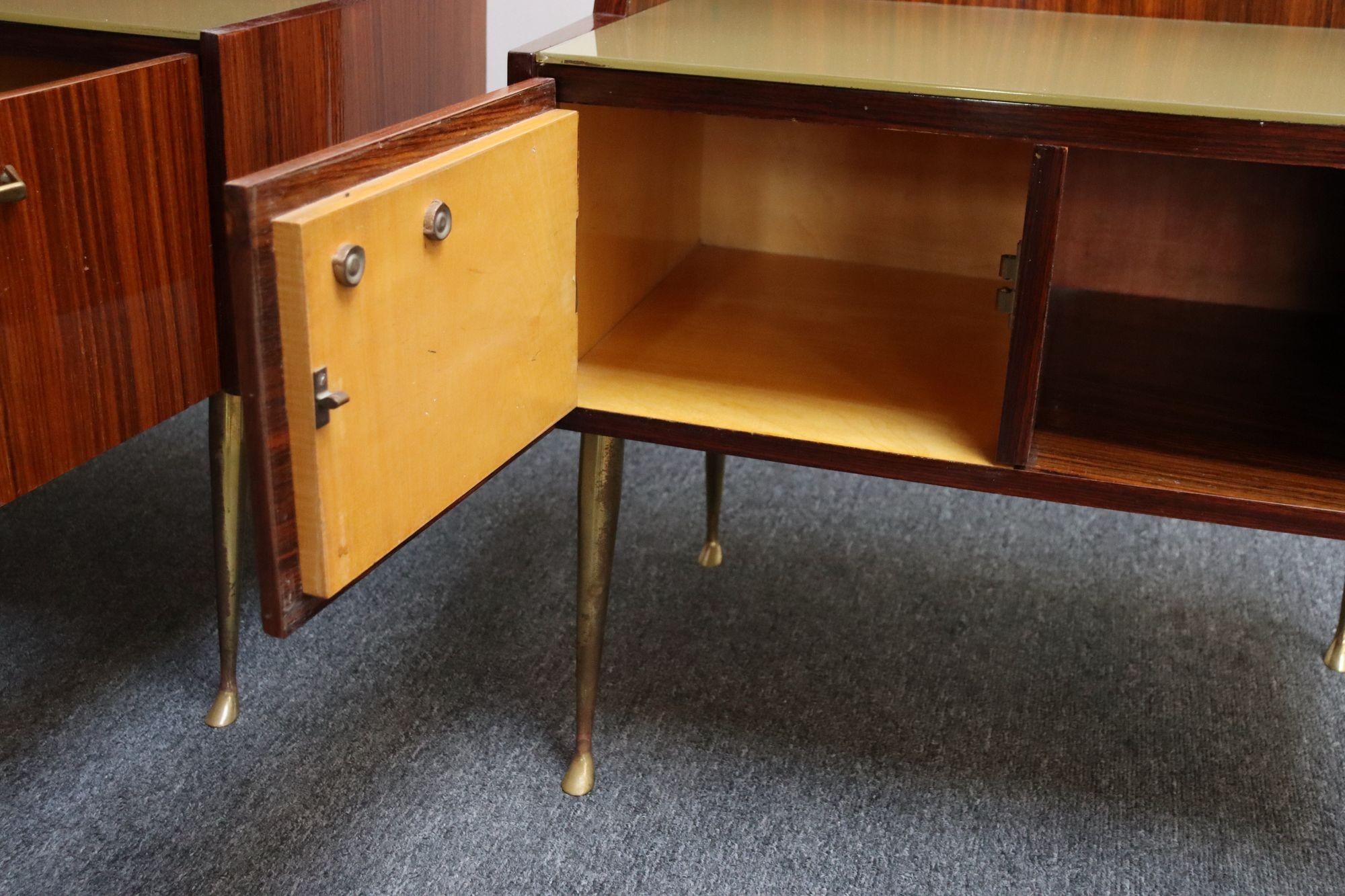 Pair of Vintage Italian Rosewood and Brass Two-Tier Nightstands / Bedside Tables For Sale 15