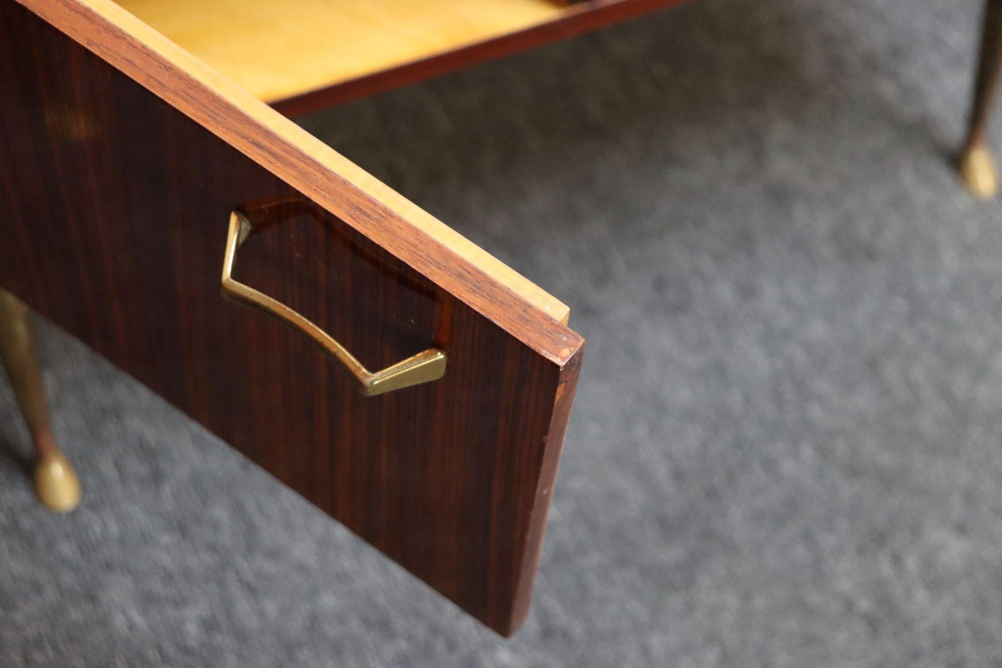 Pair of Vintage Italian Rosewood and Brass Two-Tier Nightstands / Bedside Tables For Sale 14