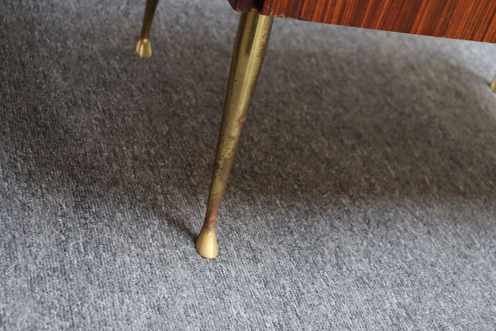 Pair of Vintage Italian Rosewood and Brass Two-Tier Nightstands / Bedside Tables For Sale 8
