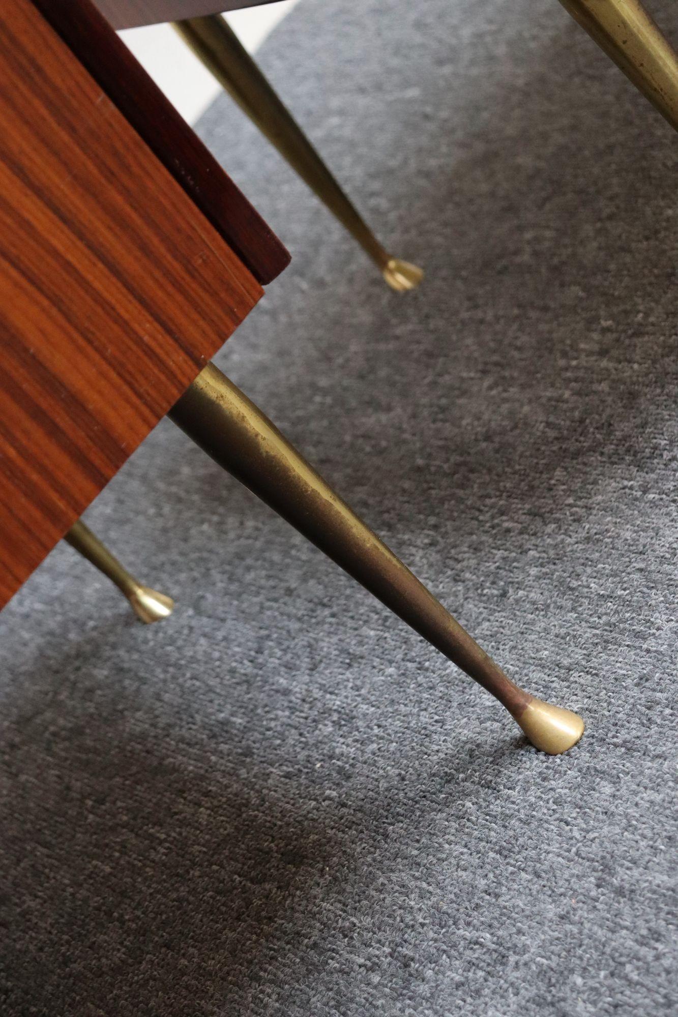 Pair of Vintage Italian Rosewood and Brass Two-Tier Nightstands / Bedside Tables For Sale 10