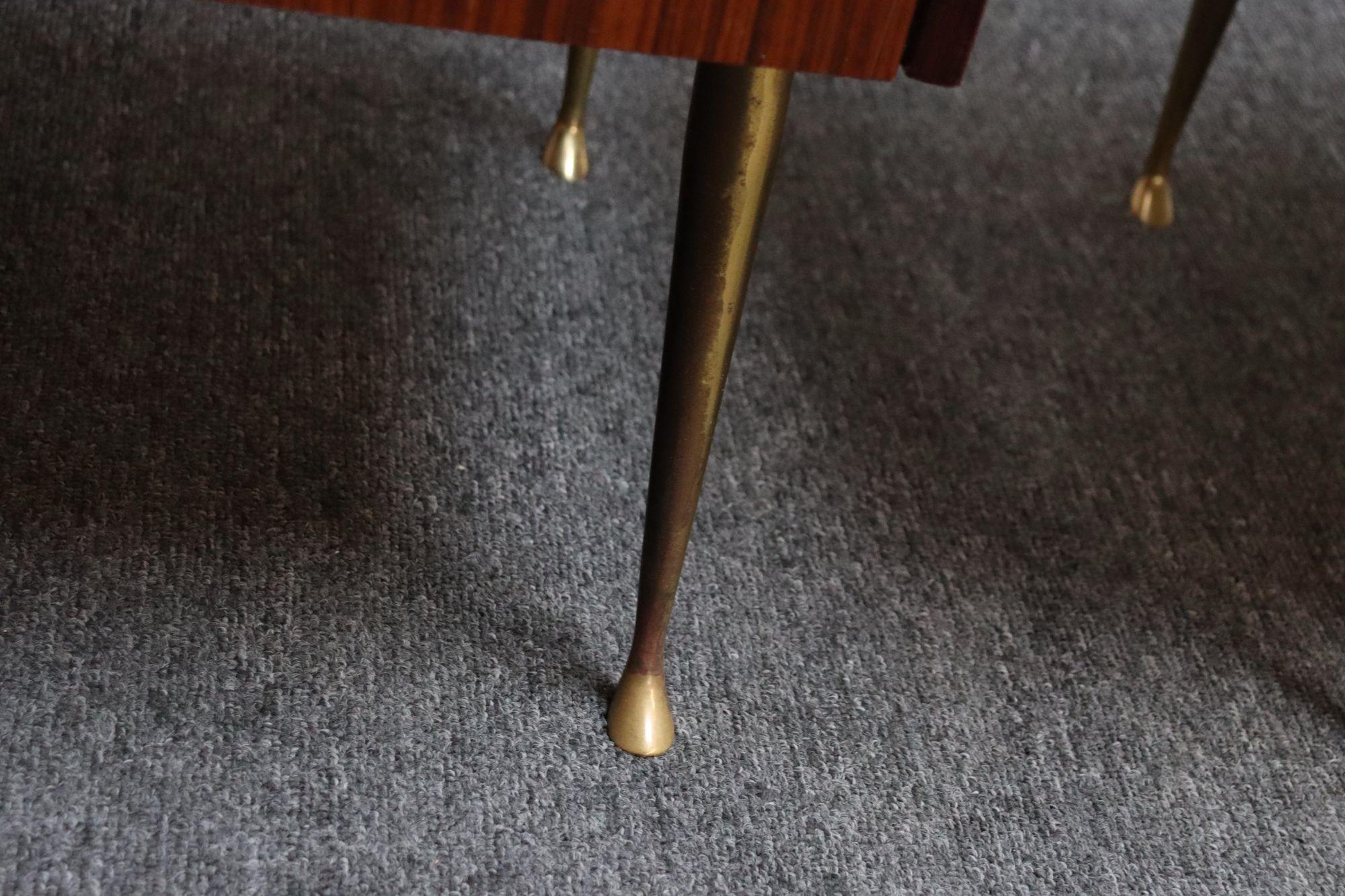 Pair of Vintage Italian Rosewood and Brass Two-Tier Nightstands / Bedside Tables For Sale 11