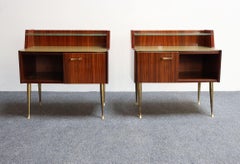 Pair of Vintage Italian Rosewood and Brass Two-Tier Nightstands / Bedside Tables