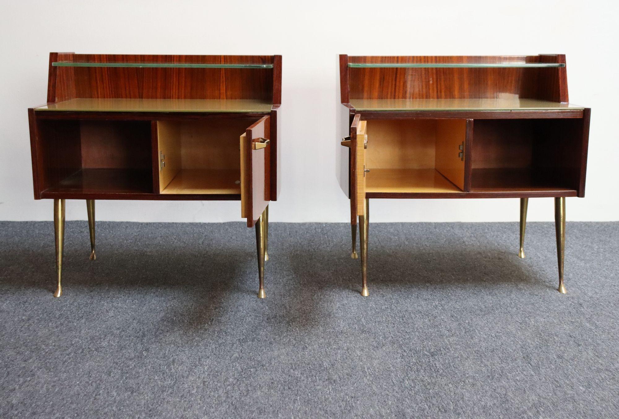 Mid-Century Modern Pair of Vintage Italian Rosewood and Brass Two-Tier Nightstands / Bedside Tables For Sale