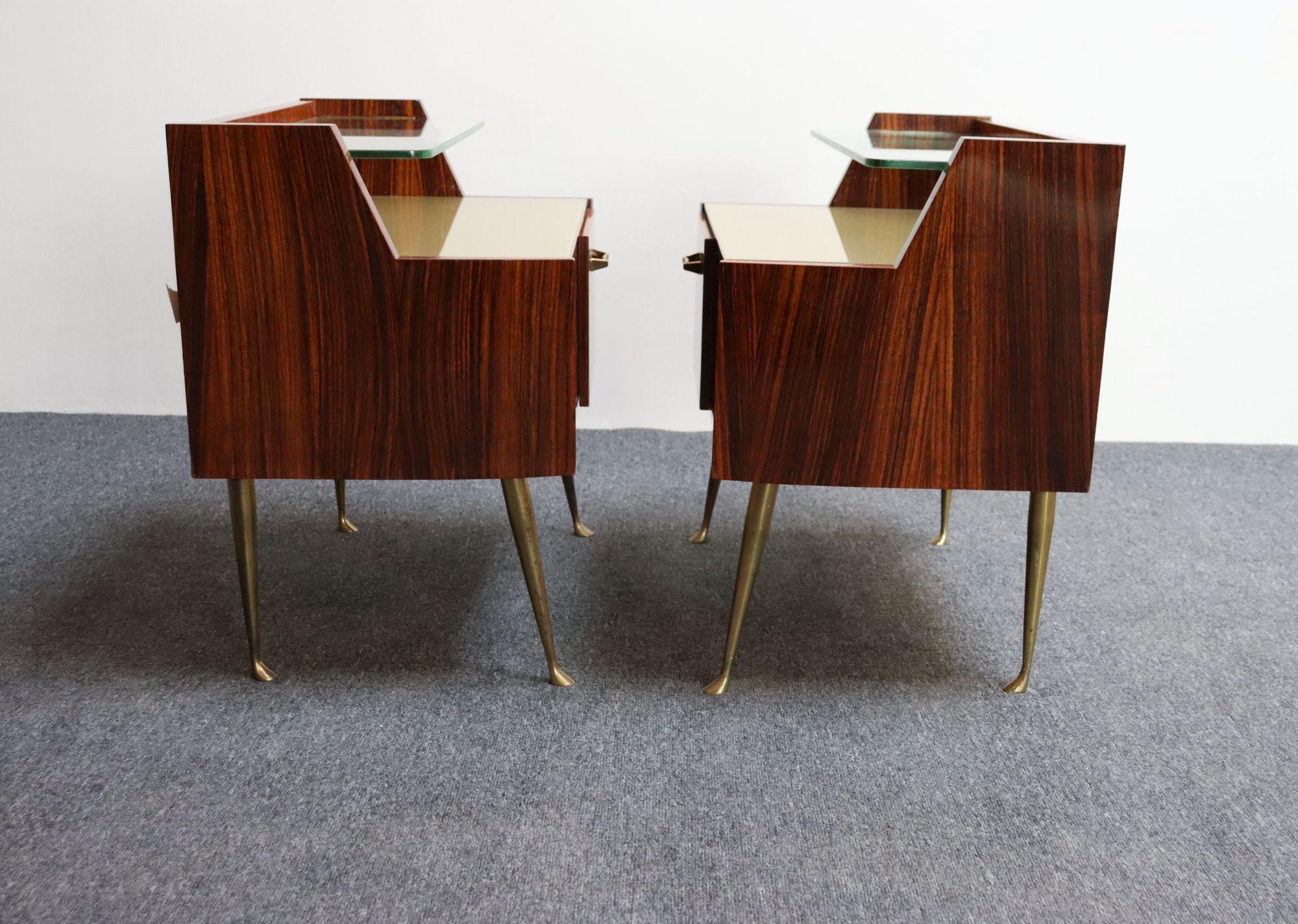 Mid-20th Century Pair of Vintage Italian Rosewood and Brass Two-Tier Nightstands / Bedside Tables For Sale