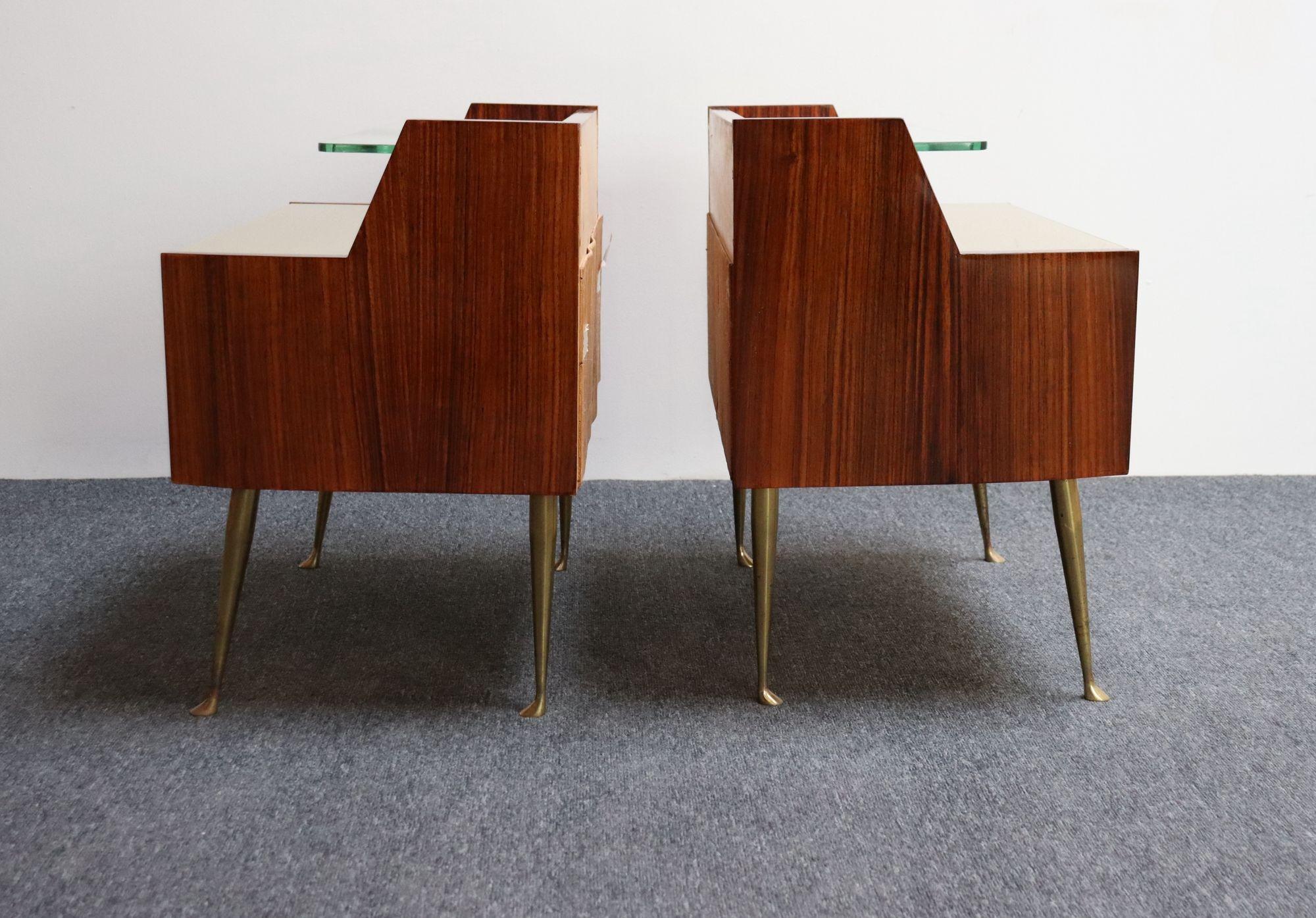 Pair of Vintage Italian Rosewood and Brass Two-Tier Nightstands / Bedside Tables For Sale 1