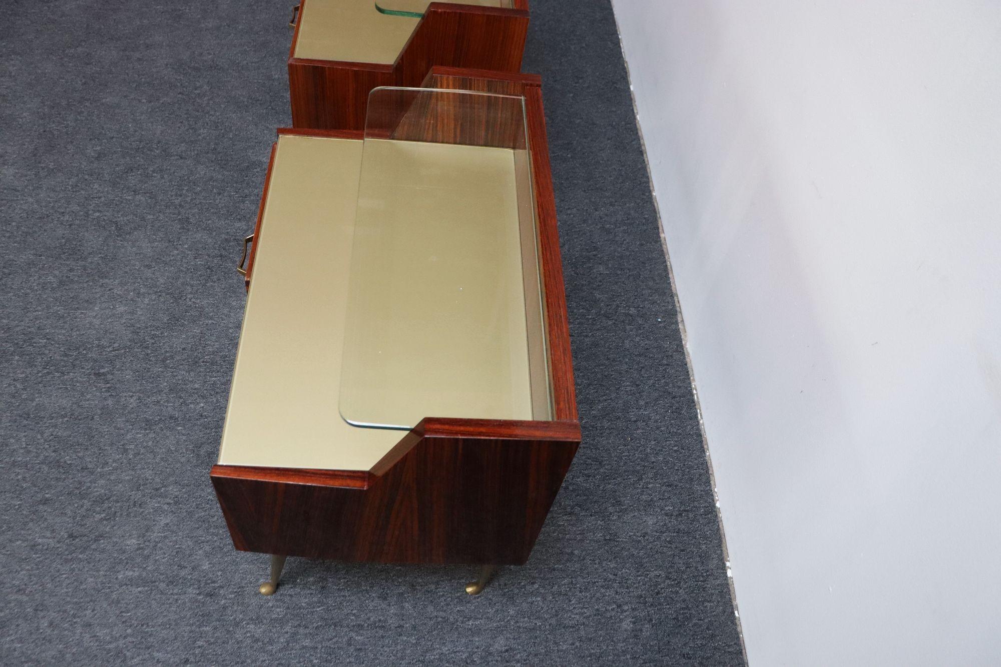 Pair of Vintage Italian Rosewood and Brass Two-Tier Nightstands / Bedside Tables For Sale 13