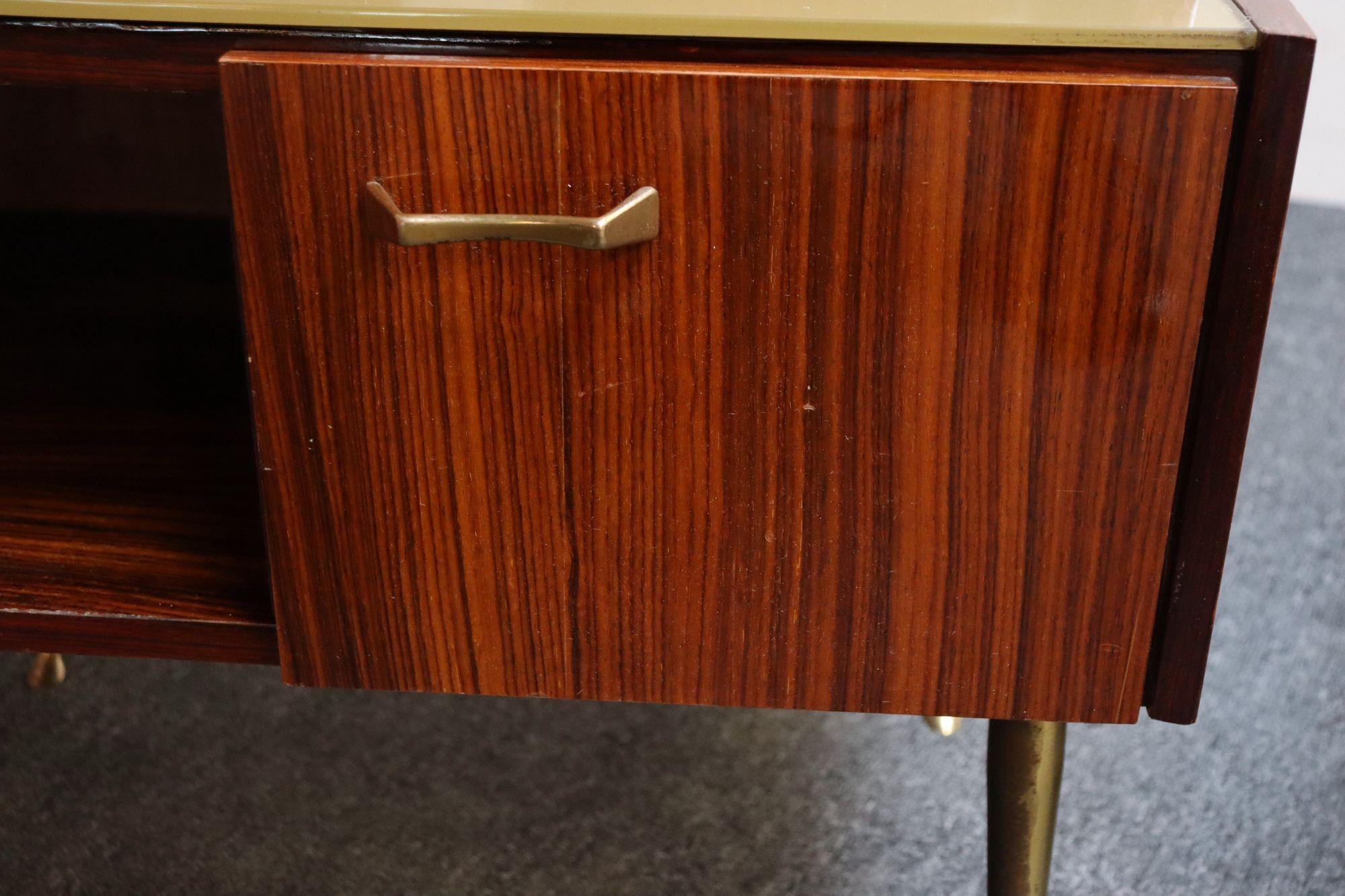 Pair of Vintage Italian Rosewood and Brass Two-Tier Nightstands / Bedside Tables For Sale 3