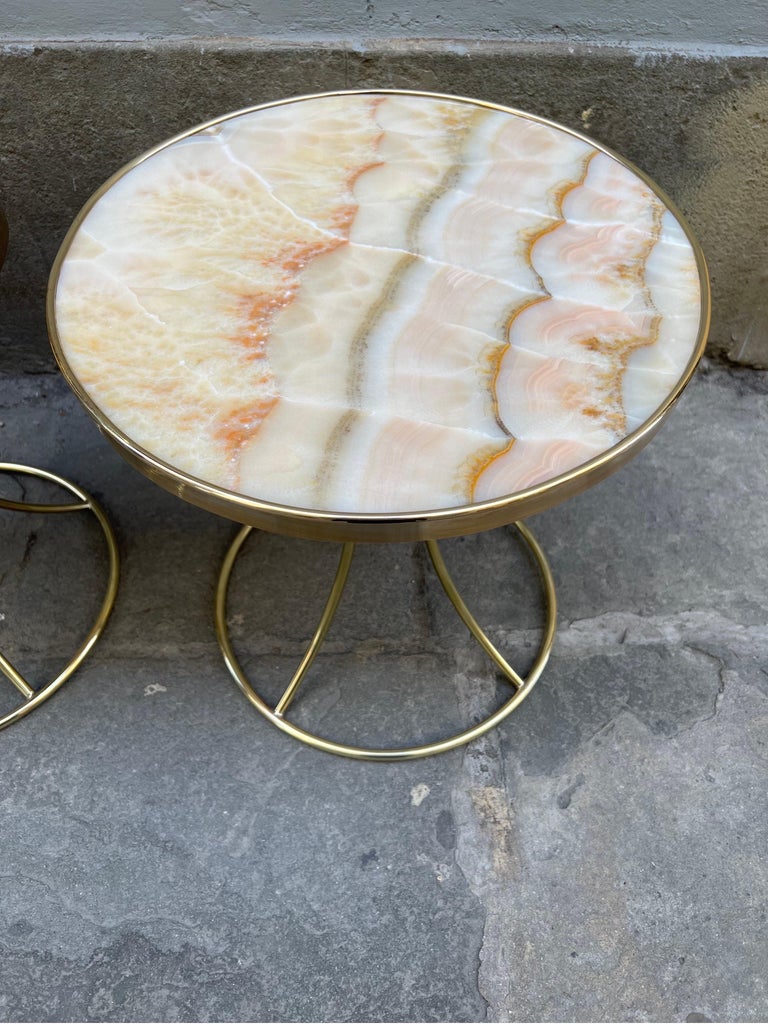 Pair of Vintage Italian Round Pink Onyx and Brass Tables, 1980 For Sale ...