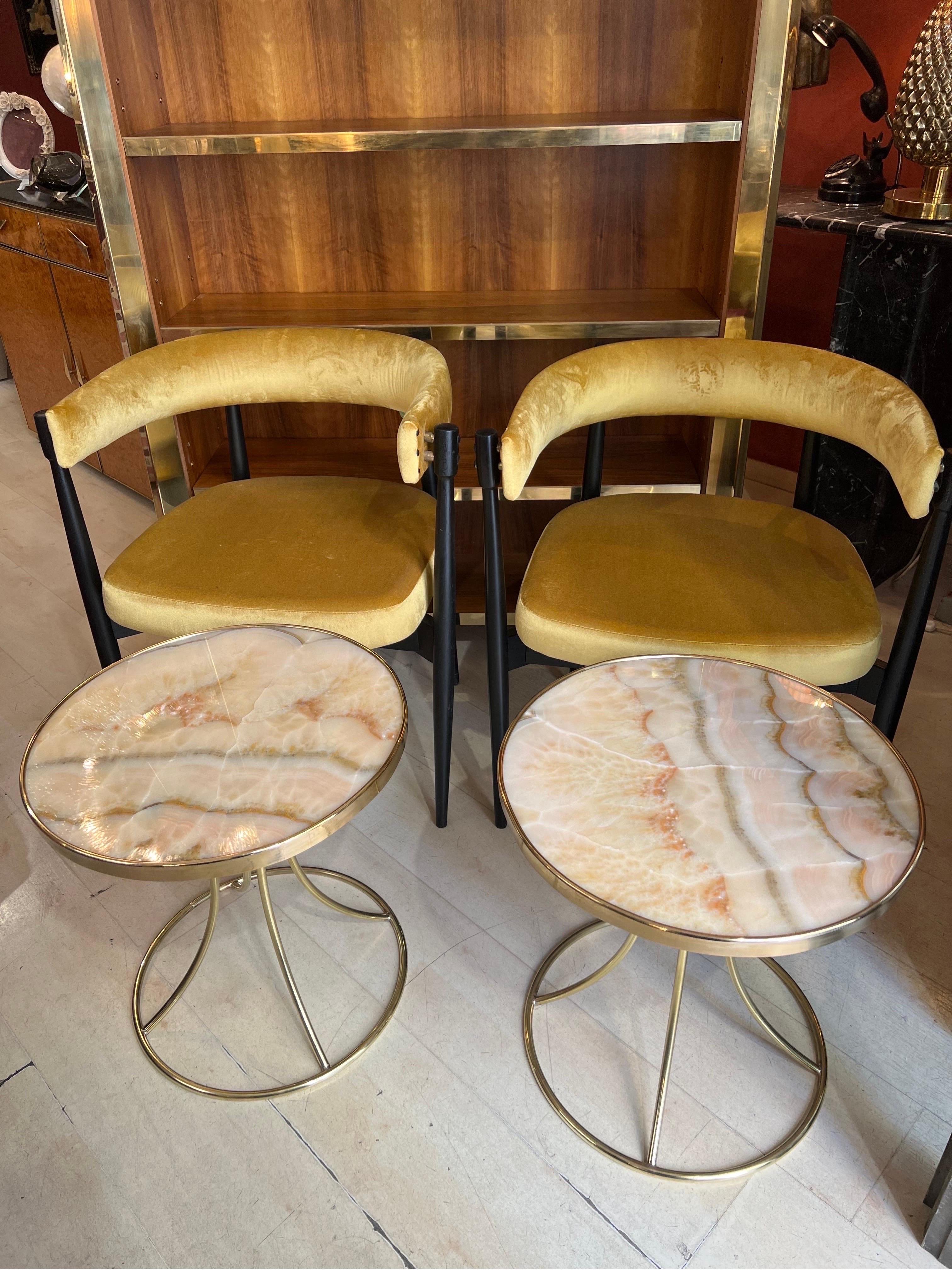 Pair of Vintage Italian Round Pink Onyx and Brass Tables, 1980 10