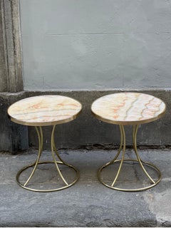 Pair of Vintage Italian Round Pink Onyx and Brass Tables, 1980