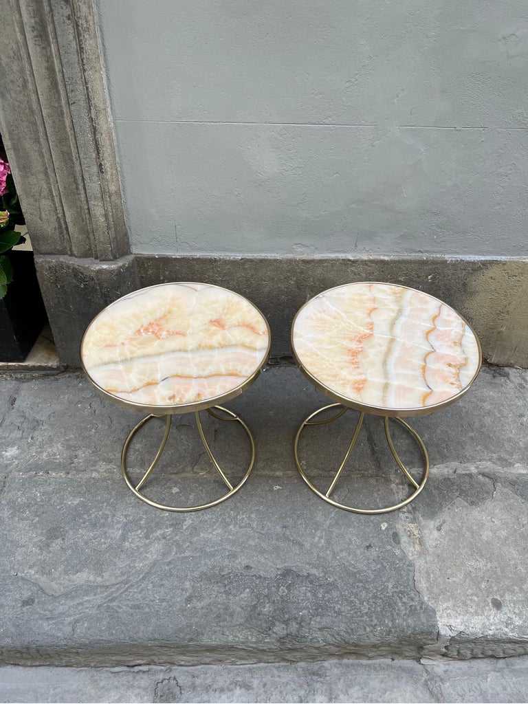 Pair of Vintage Italian Round Pink Onyx and Brass Tables, 1980 For Sale ...