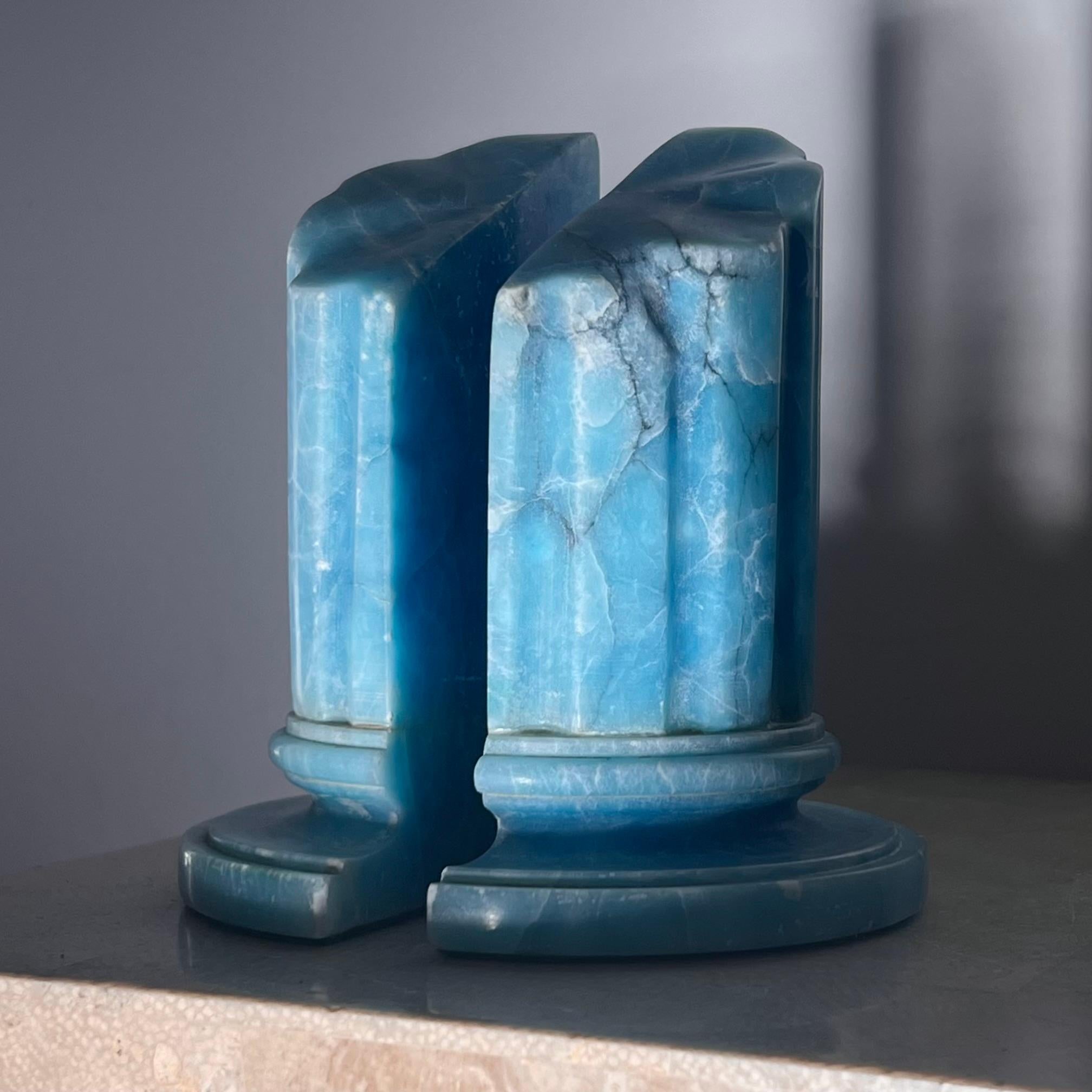 Pair of vintage Italian ruinous columns bookends in aquamarine blue, 1960s 7