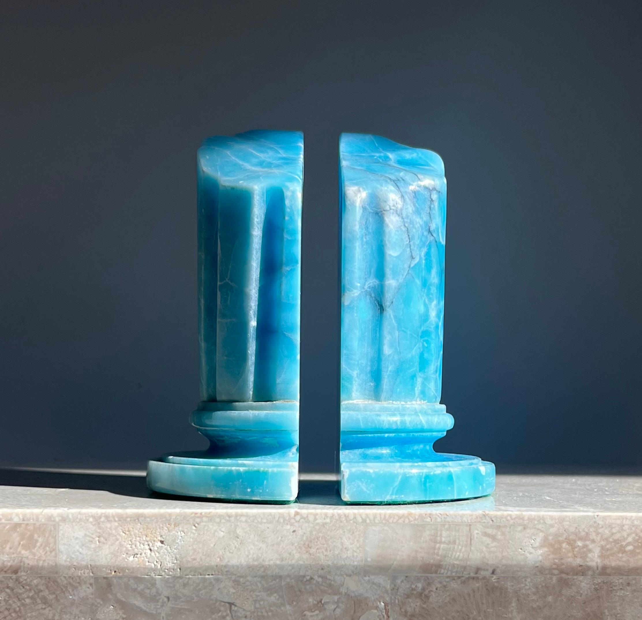 Pair of vintage Italian ruinous columns bookends in aquamarine blue, 1960s 8
