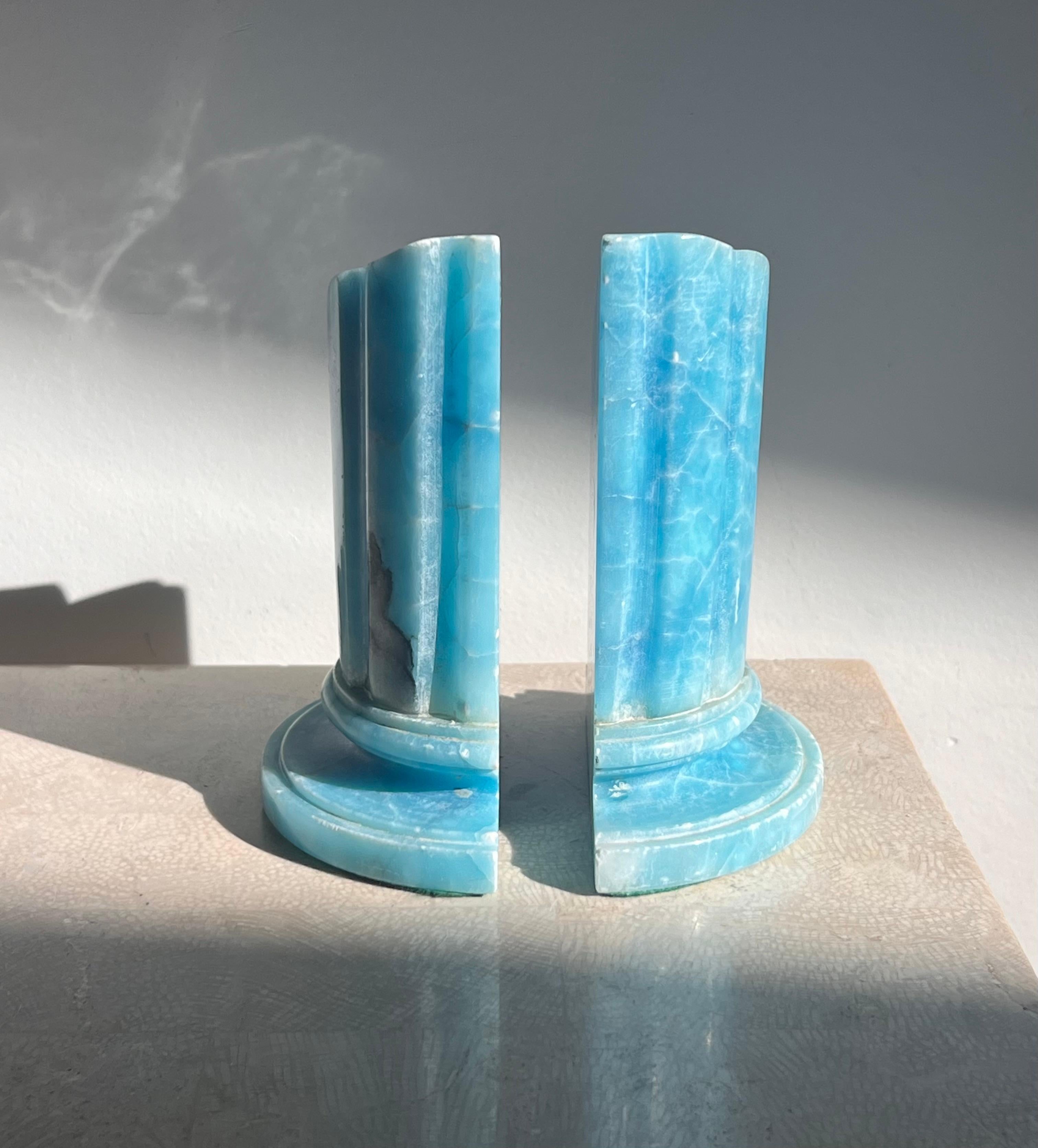 Neoclassical Revival Pair of vintage Italian ruinous columns bookends in aquamarine blue, 1960s