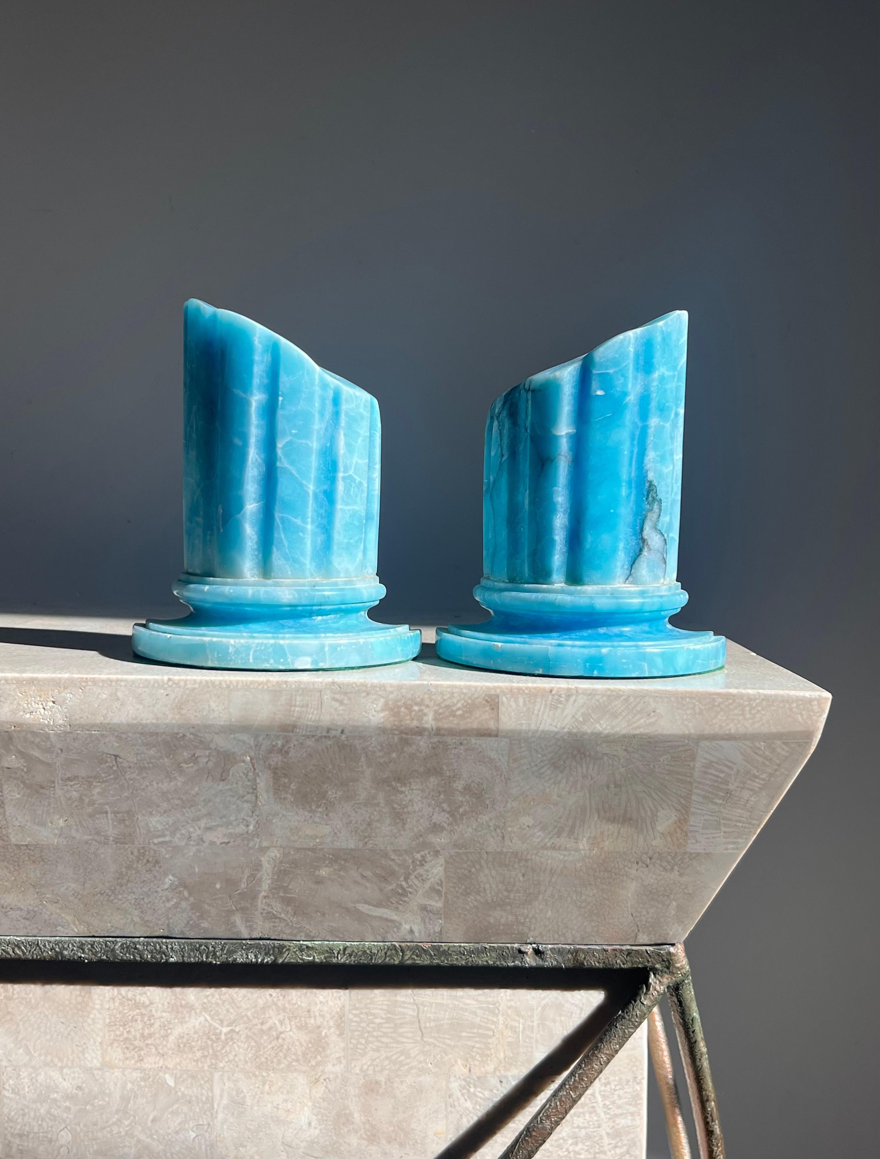 Pair of vintage Italian ruinous columns bookends in aquamarine blue, 1960s 3