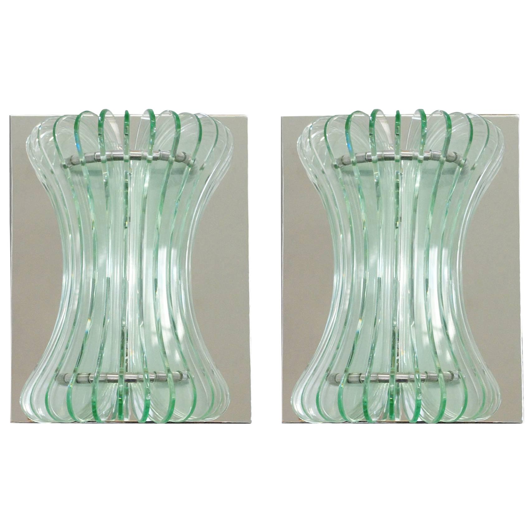 Pair of Vintage Italian Sconces w/ Beveled Glass Designed by Cristal Arte, 1960s For Sale