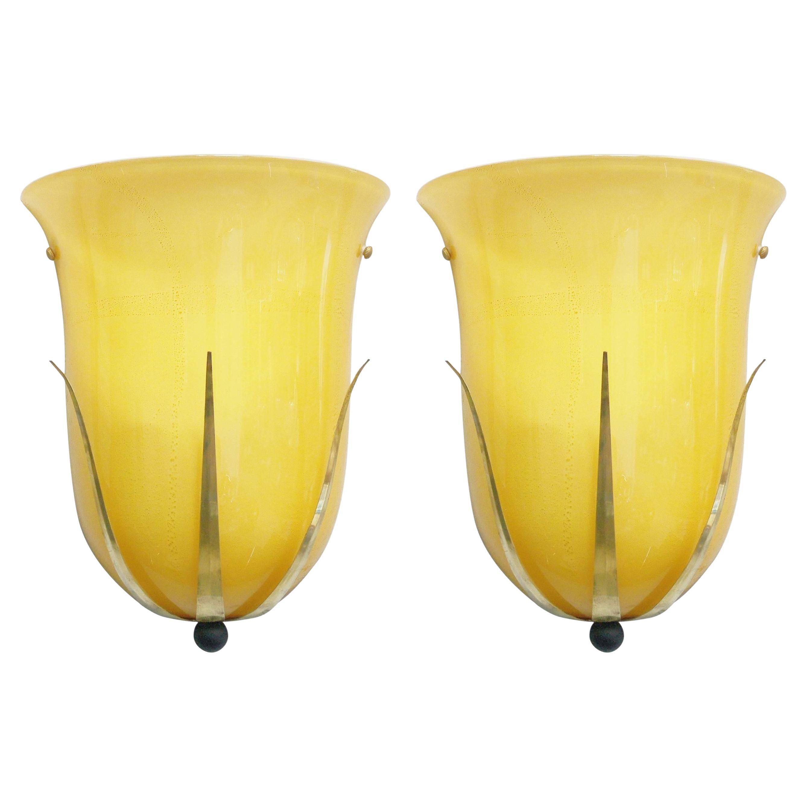 Pair of Vintage Italian Sconces w/ Hand B Amber Murano Glass by Leucos, c 1960s For Sale