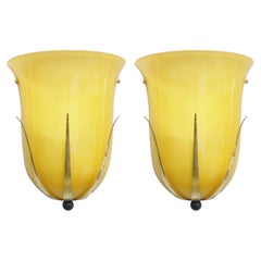 Pair of Vintage Italian Sconces w/ Hand B Amber Murano Glass by Leucos, c 1960s