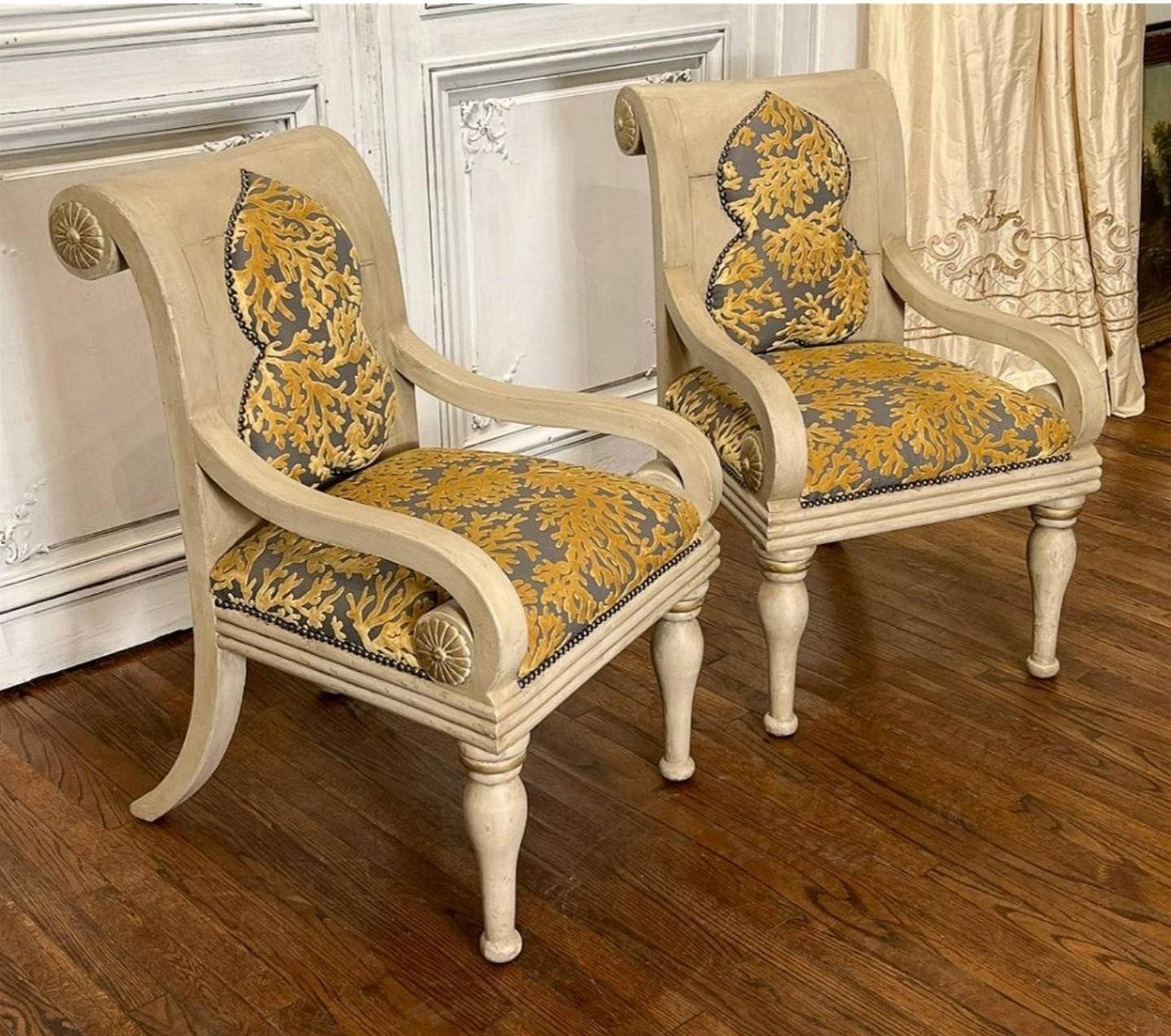 Neoclassical  Pair of Vintage Italian Scroll Back Armchairs For Sale