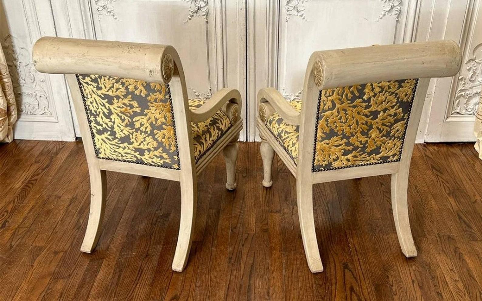 Hand-Carved  Pair of Vintage Italian Scroll Back Armchairs For Sale