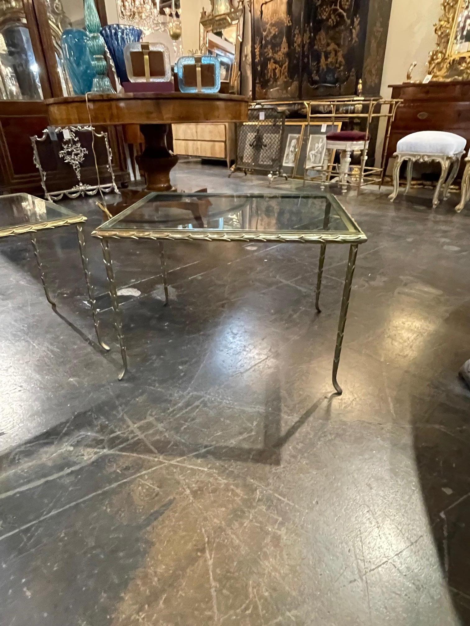 Pair of vintage Italian gilt bronze tree form side tables, after Maison Bagues Circa 1960. These are a great pair of tables that are the prefect size to fit in anywhere.