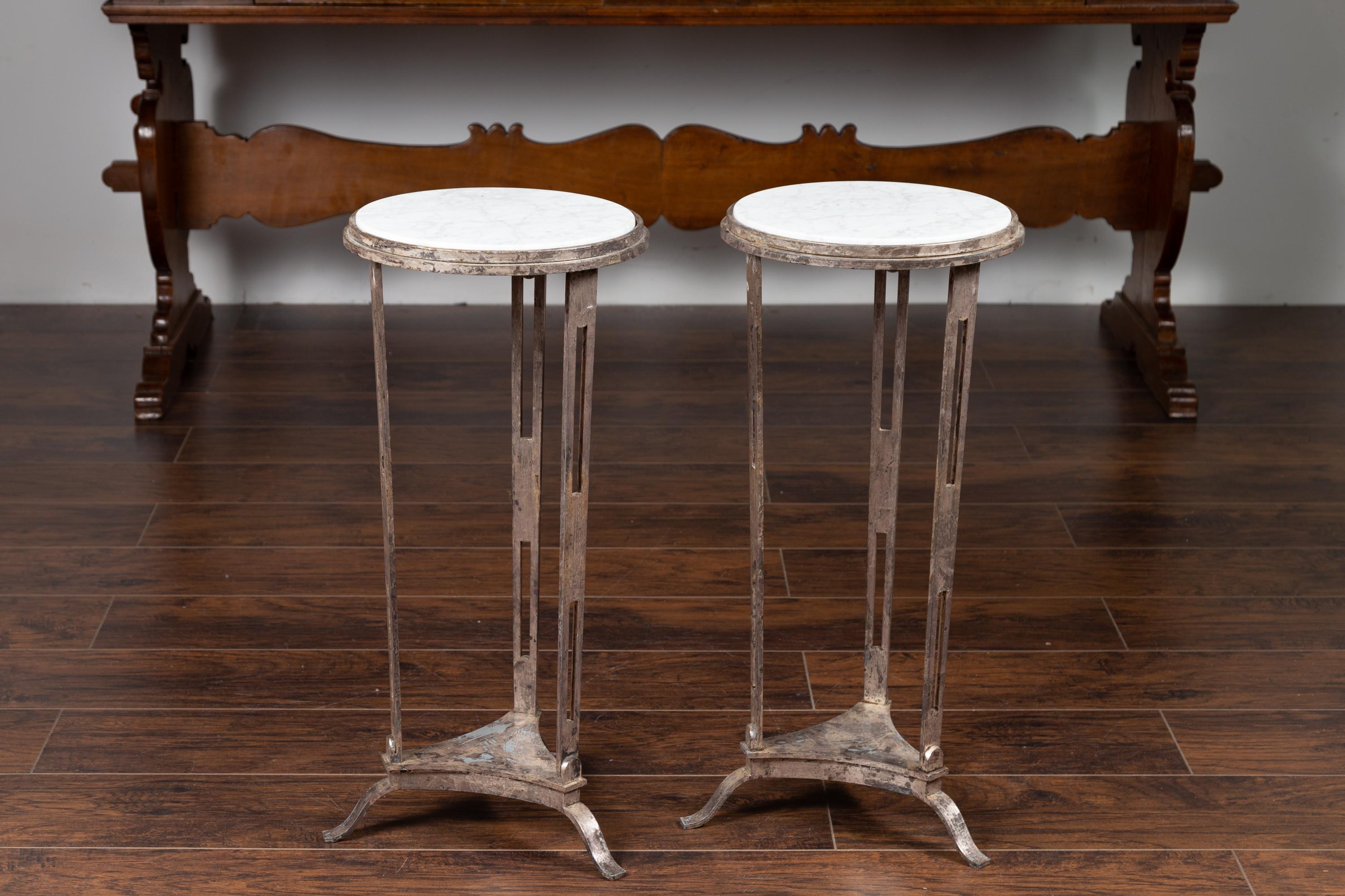Pair of Vintage Italian Silver Leaf Drinks Tables with White Veined Marble Tops 5
