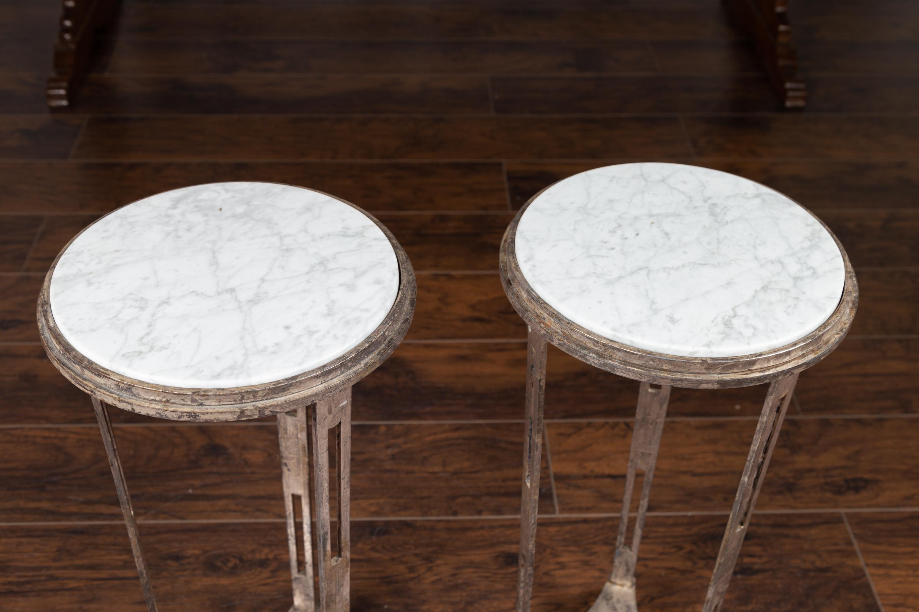 Pair of Vintage Italian Silver Leaf Drinks Tables with White Veined Marble Tops 6