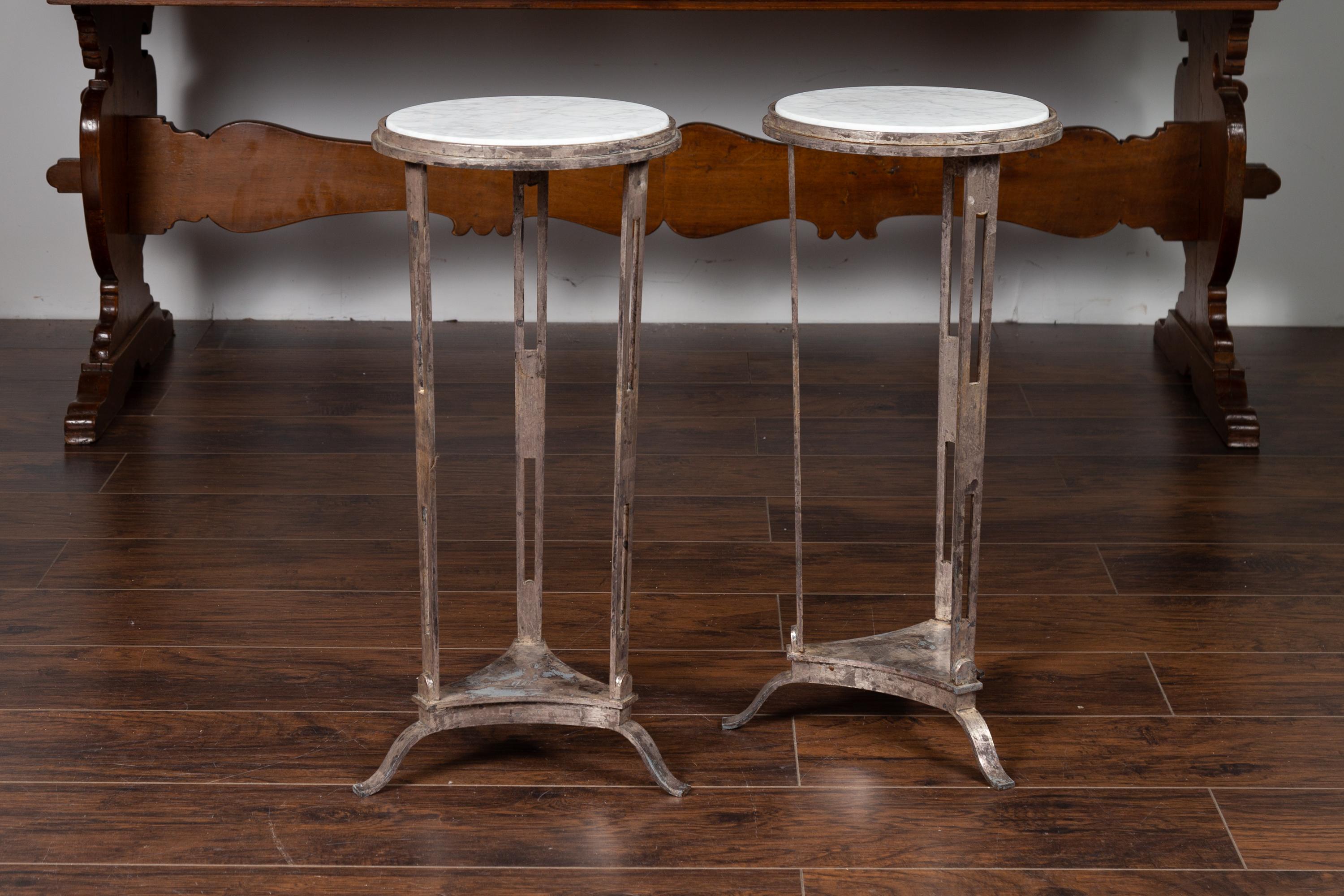 Pair of Vintage Italian Silver Leaf Drinks Tables with White Veined Marble Tops 9