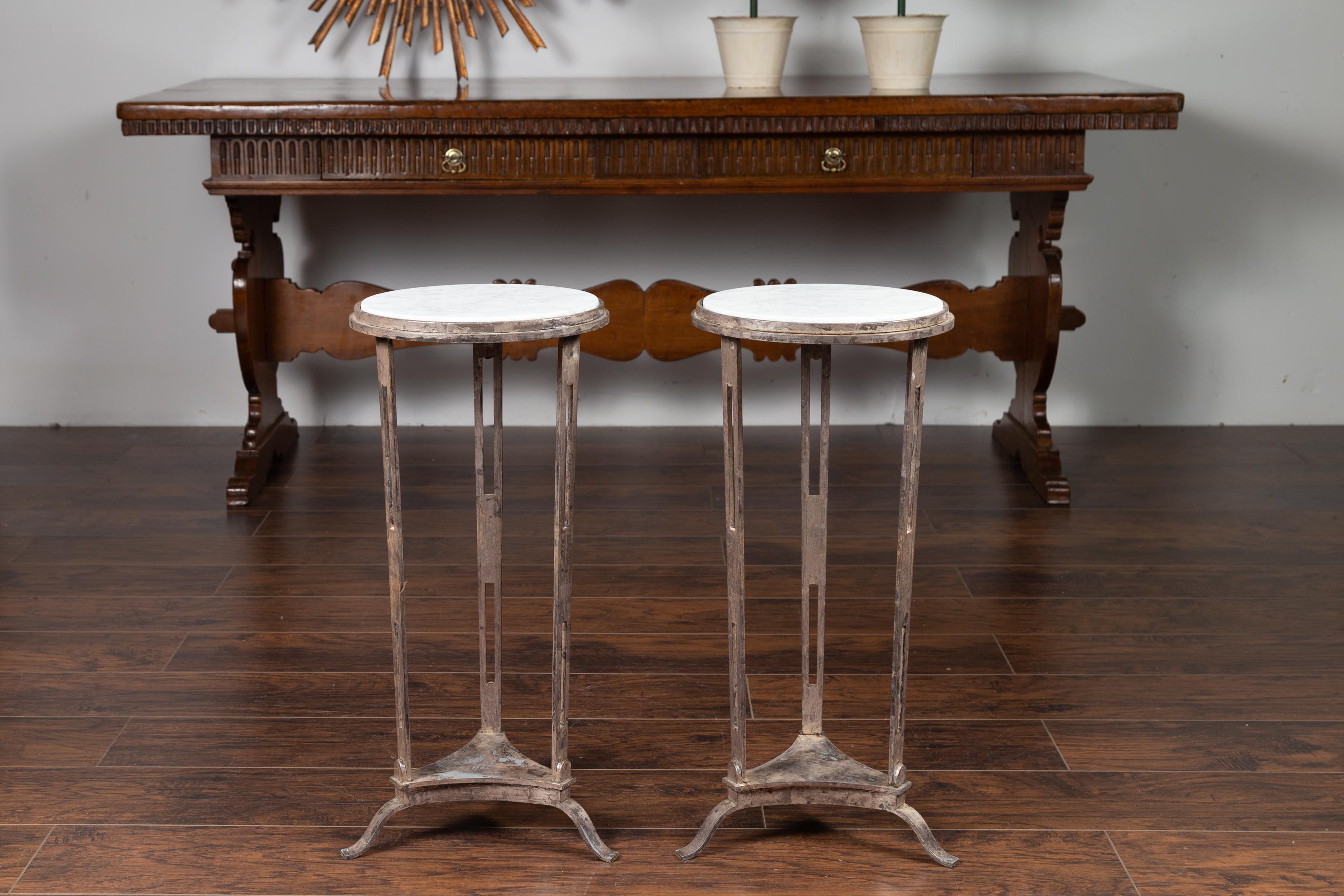 20th Century Pair of Vintage Italian Silver Leaf Drinks Tables with White Veined Marble Tops
