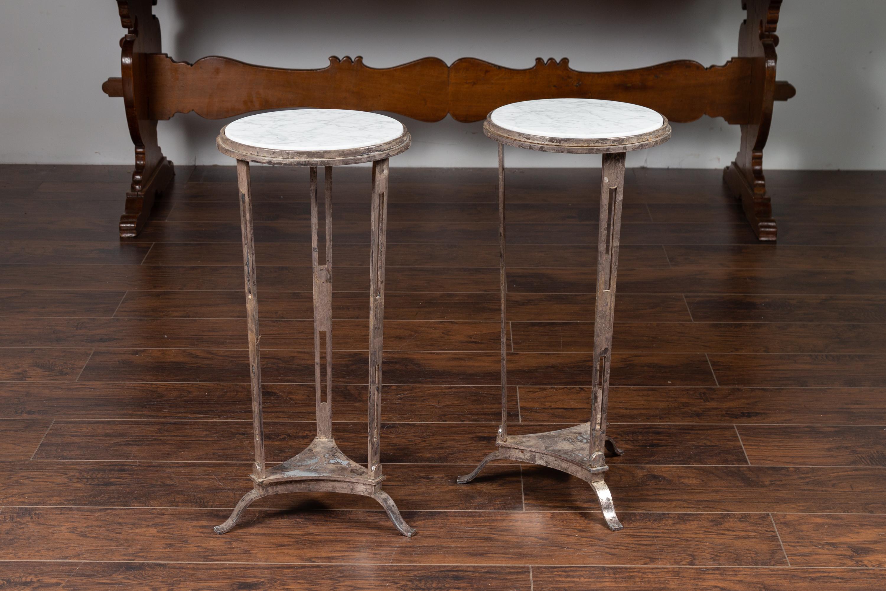 Pair of Vintage Italian Silver Leaf Drinks Tables with White Veined Marble Tops 1