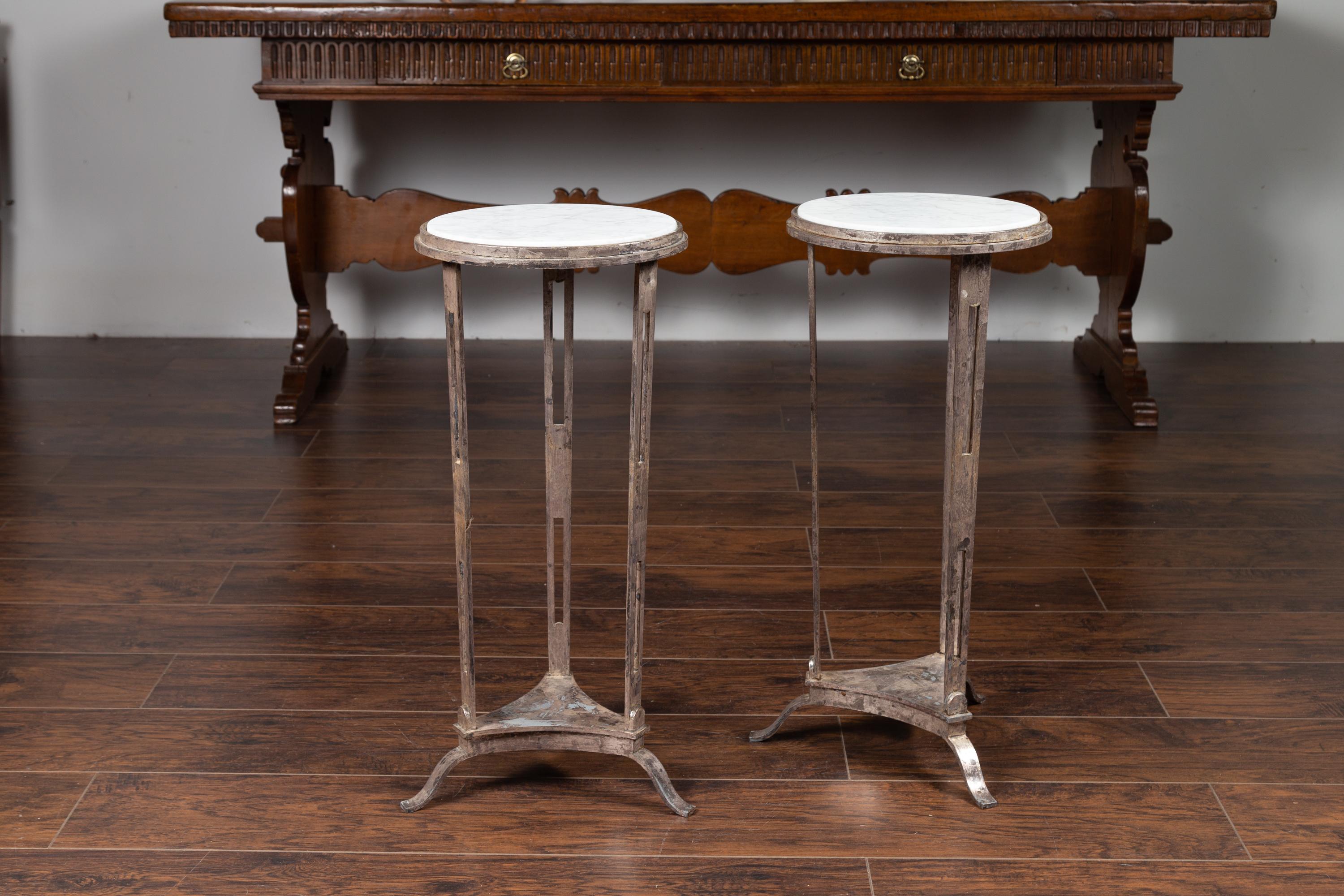 Pair of Vintage Italian Silver Leaf Drinks Tables with White Veined Marble Tops 2