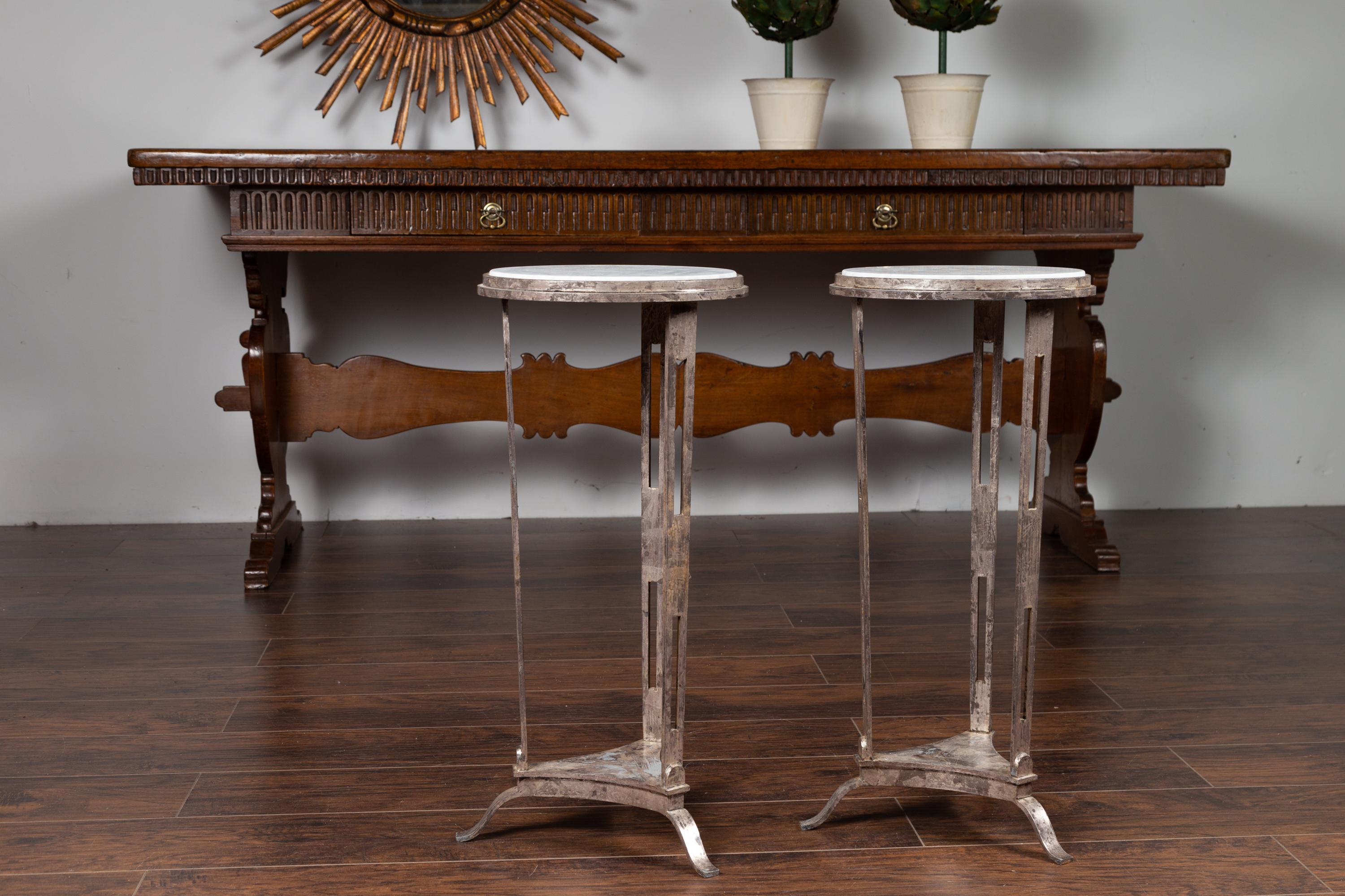 Pair of Vintage Italian Silver Leaf Drinks Tables with White Veined Marble Tops 3