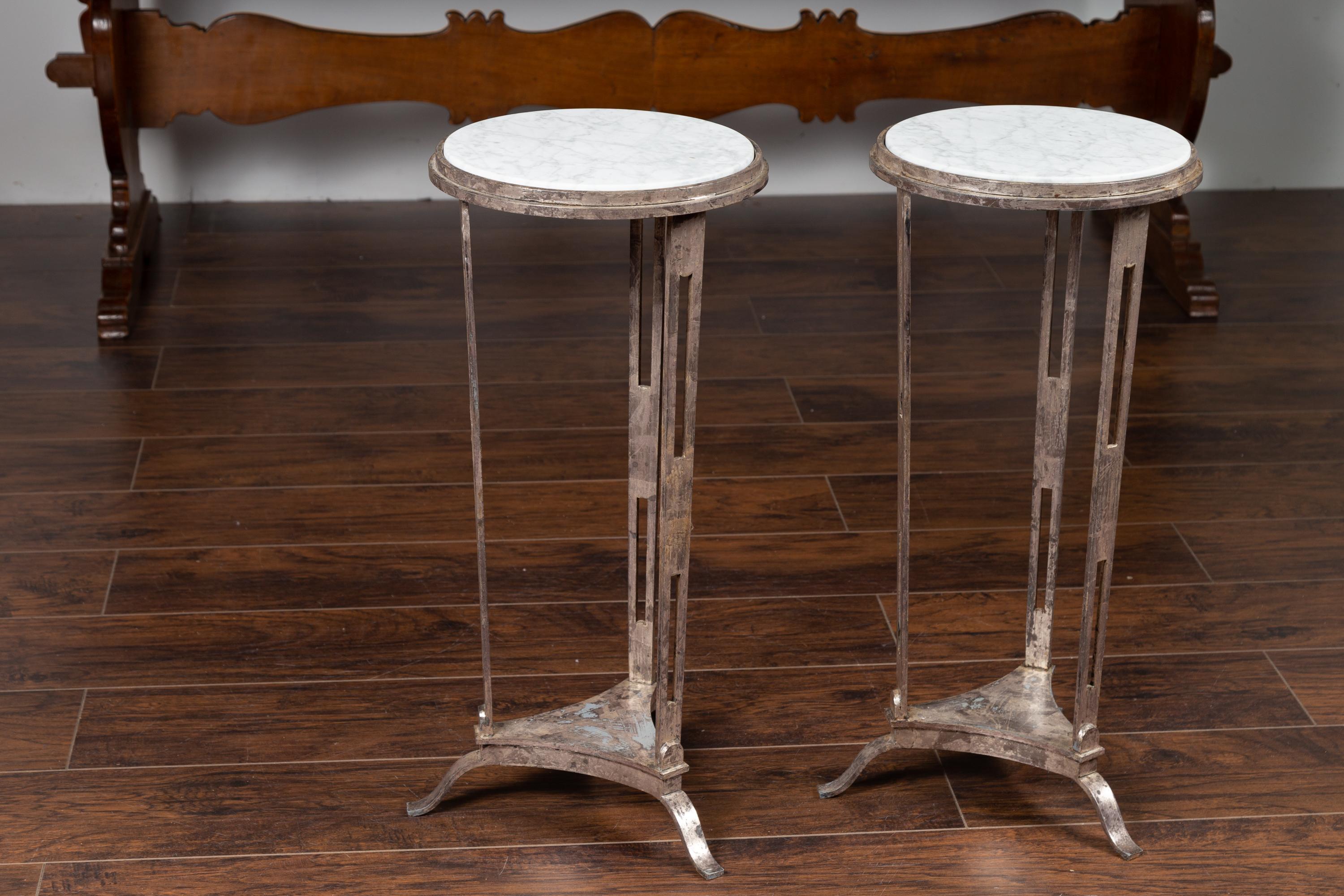 Pair of Vintage Italian Silver Leaf Drinks Tables with White Veined Marble Tops 4