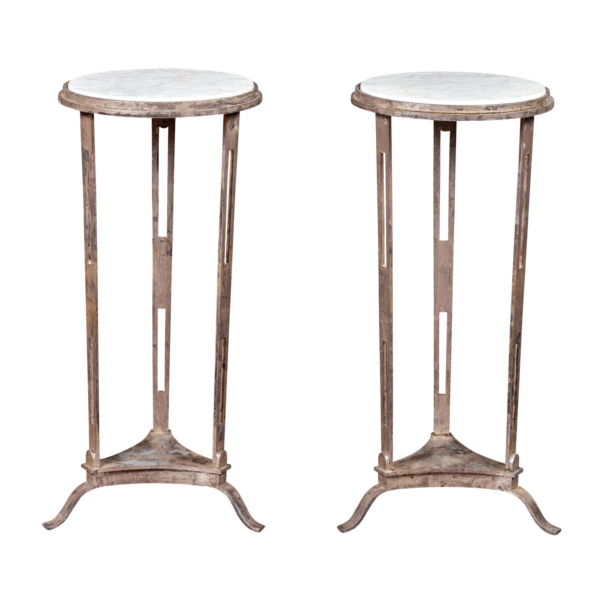 Pair of Vintage Italian Silver Leaf Drinks Tables with White Veined Marble Tops