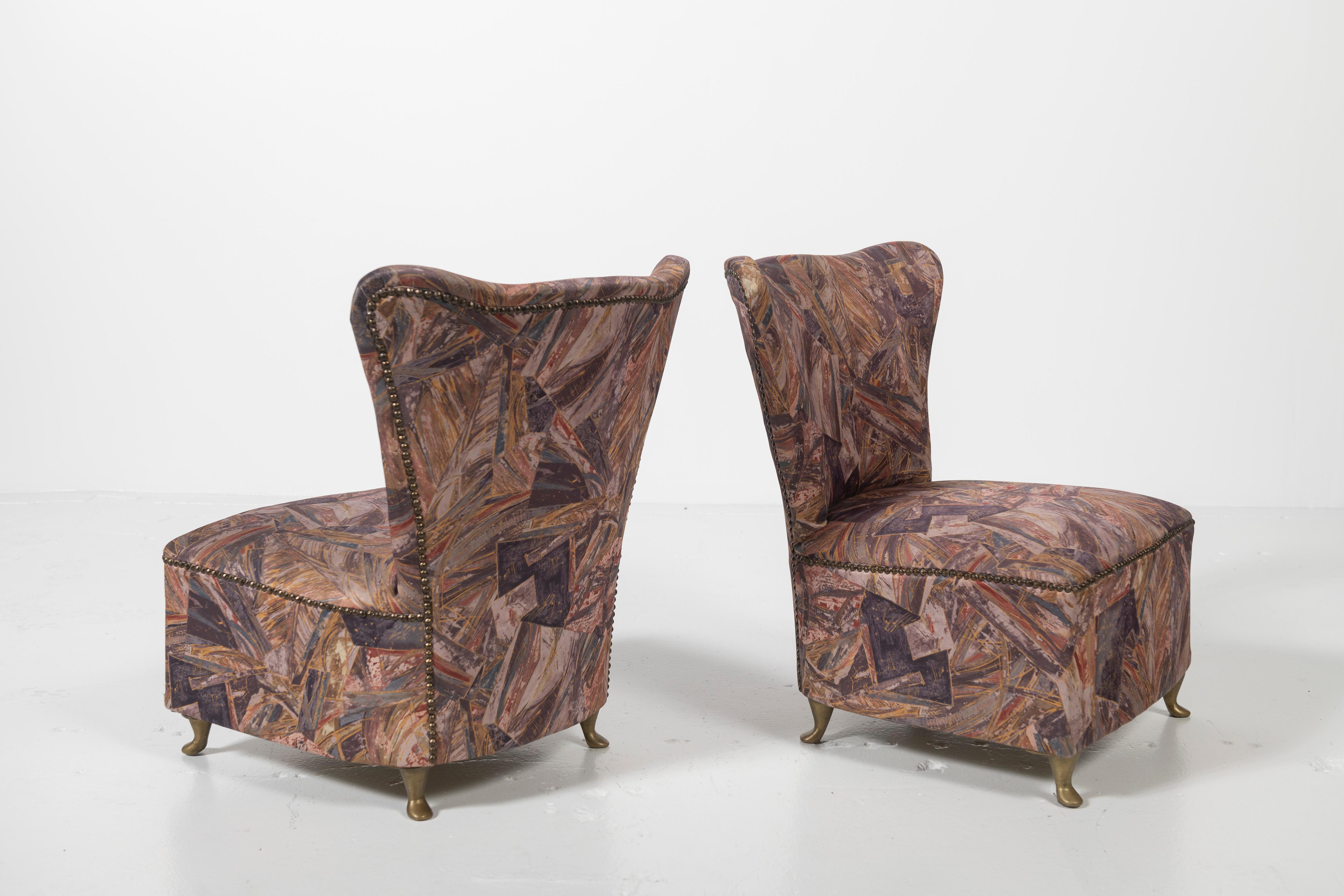 Art Deco Pair of Vintage Italian Slipper Chairs Upholstered in Fabric with Brass Feet