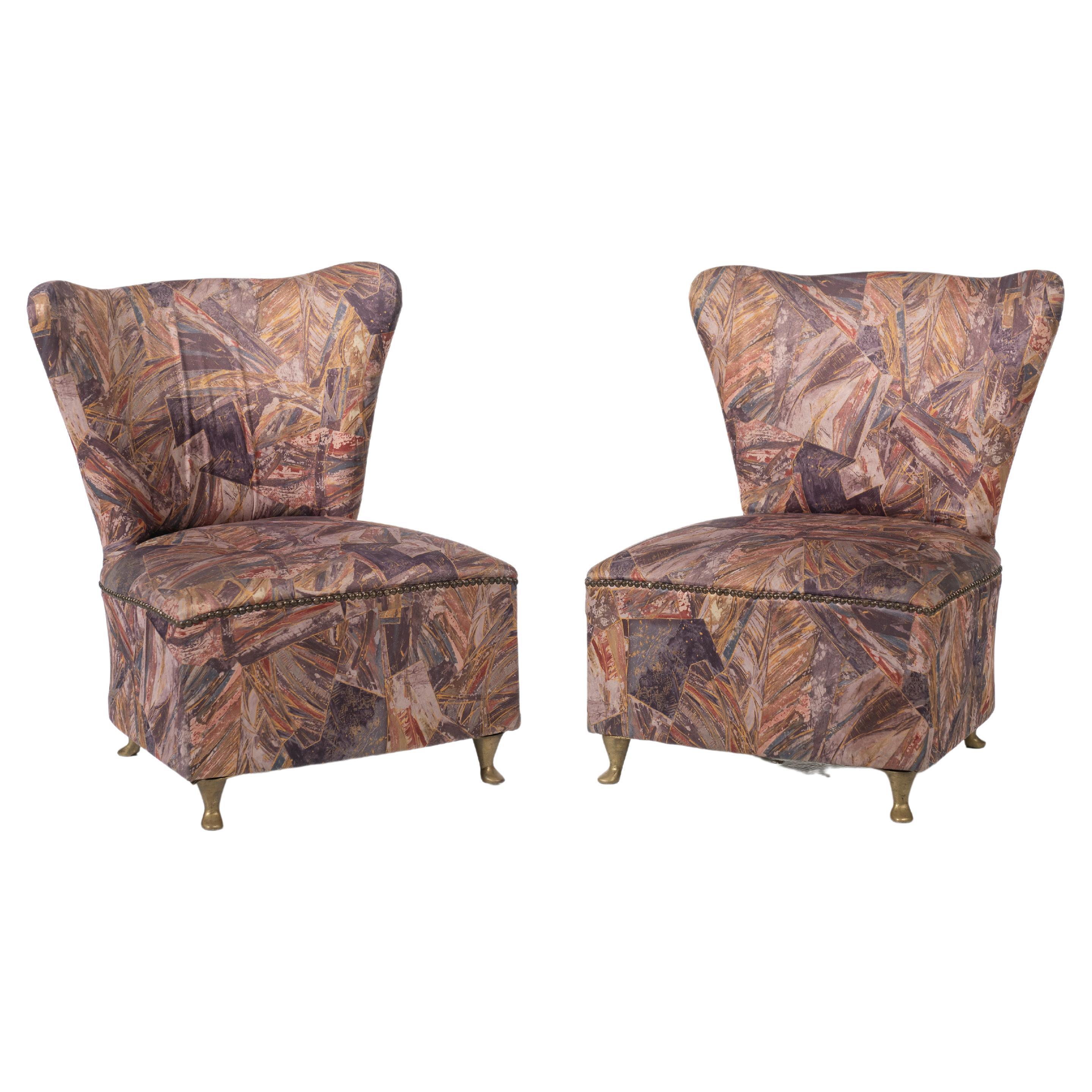 Pair of Vintage Italian Slipper Chairs Upholstered in Fabric with Brass Feet