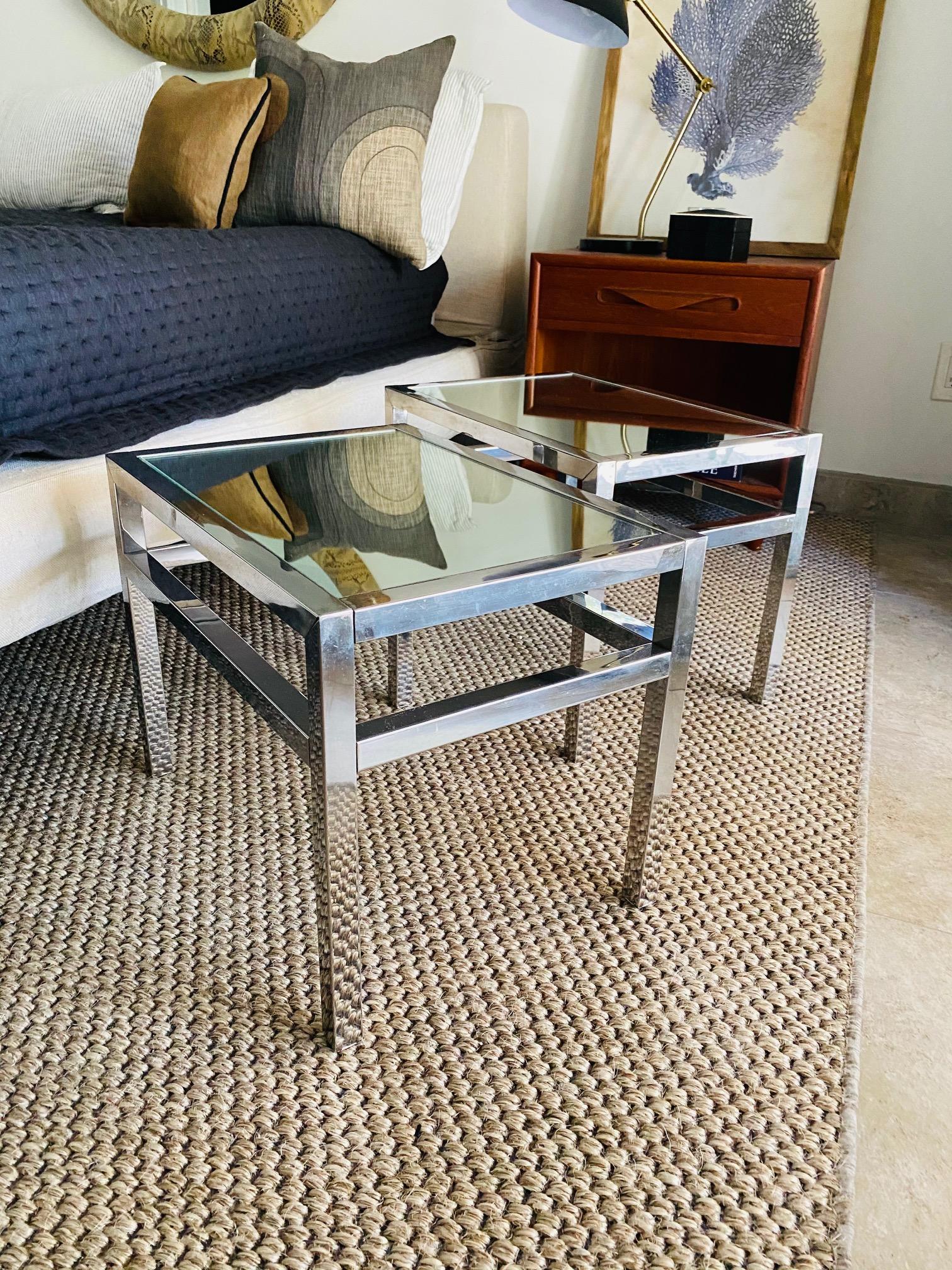 Mid-Century Modern Pair of Chrome and Mirrored Side Tables in the style of Milo Baughman, c. 1970's For Sale